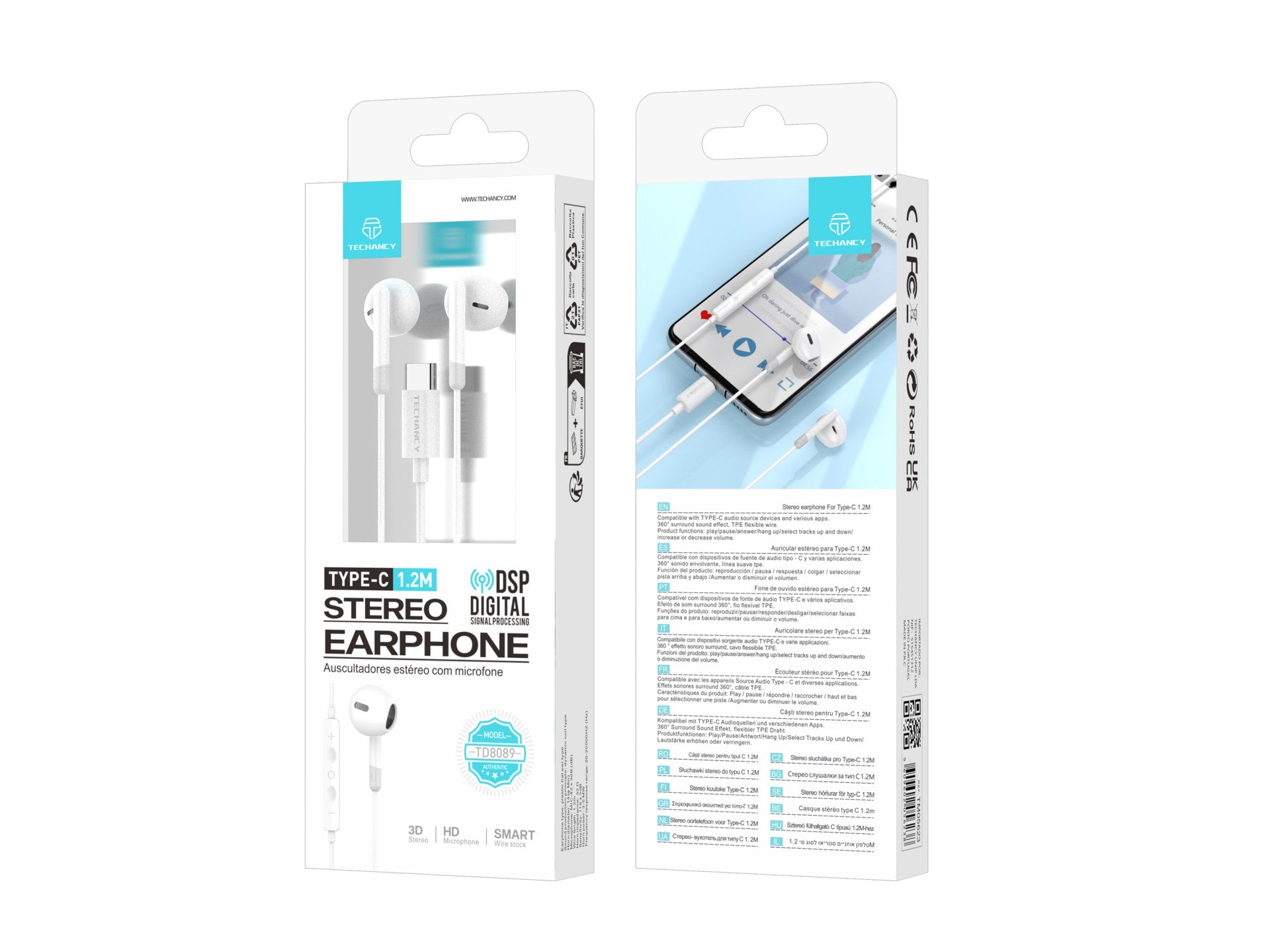 Techancy Auscultadores Estéreo Para Música TD8089 Branco, Interface Dsp/Type-C Compatível Com Samsung/Huawei/Xiaomi, Etc.