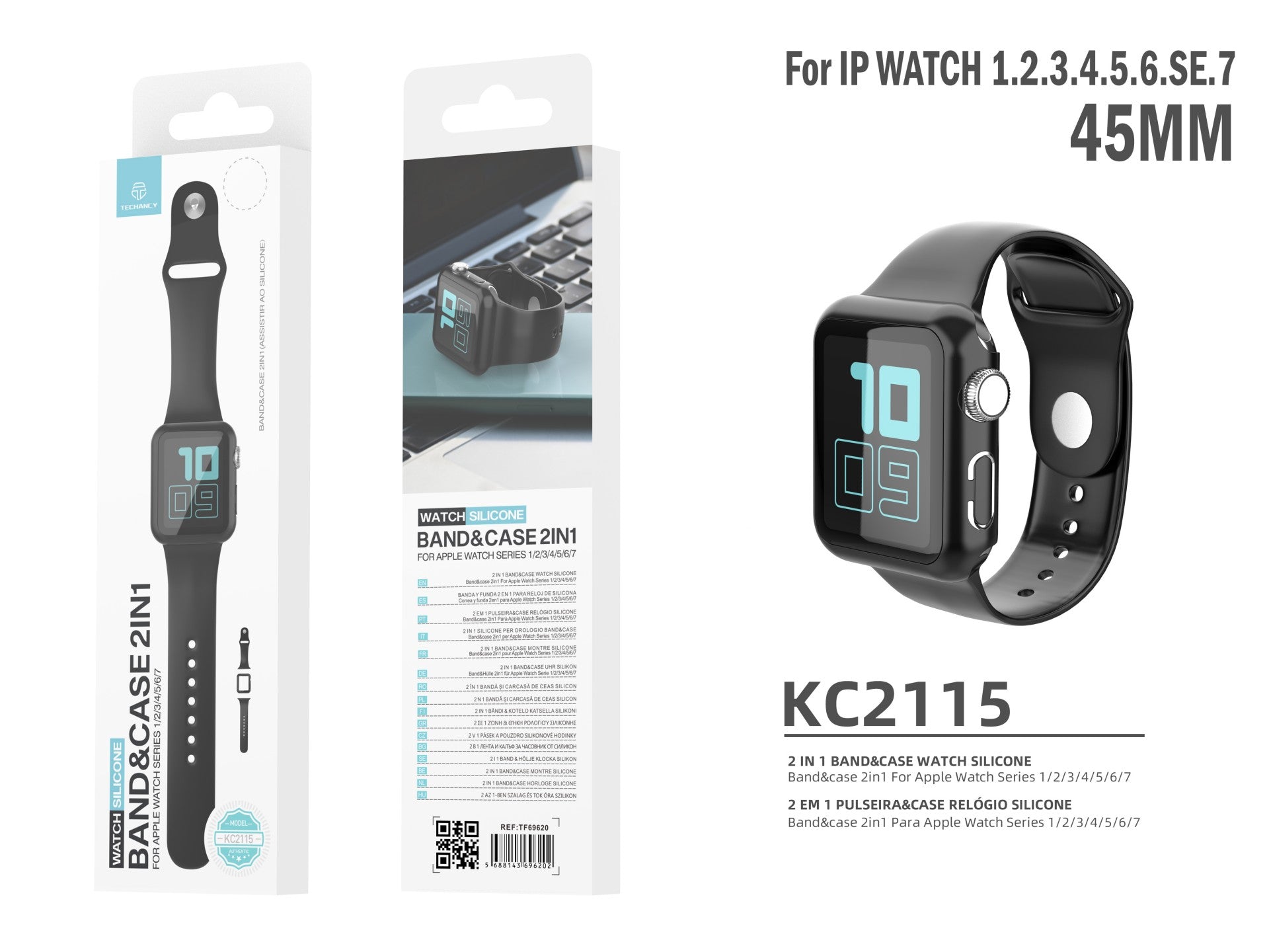 Pulseira de silicone para relógio Techancy, KC2115, com protetor de ecrã, compatível com Apple Watch 45 mm, Preto