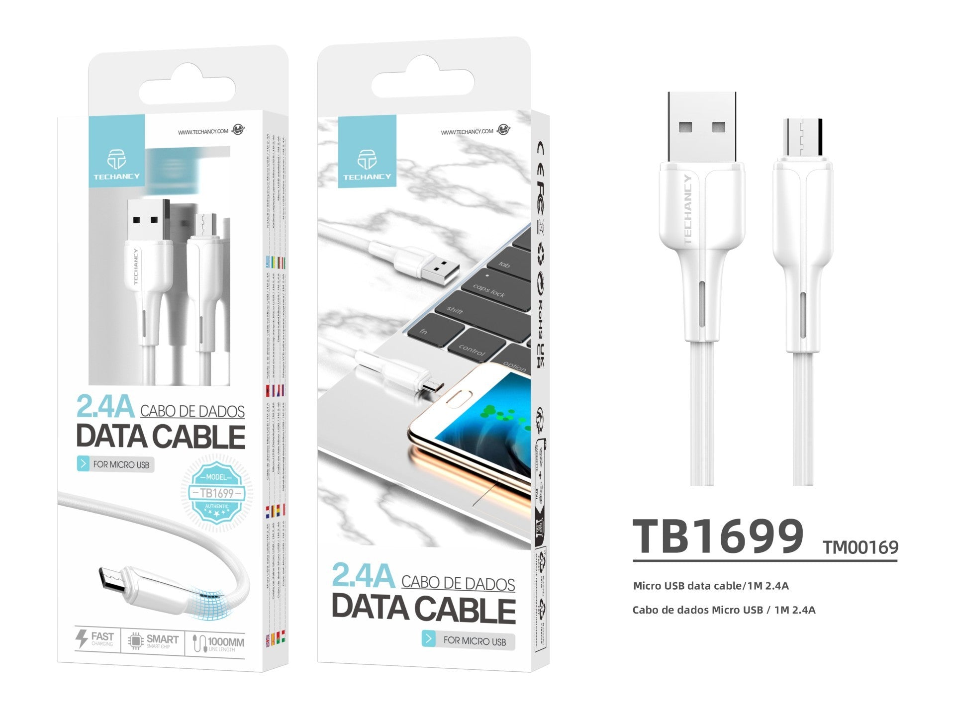 Techancy Cabo De Dados Usb-Micro Branco 1M TB1699,Carregamento Rápido De 2,4 A, Suporta Transmissão De Dados, Material Pvc