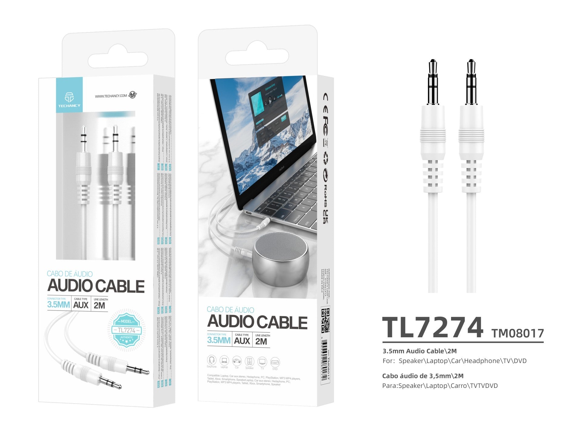 Cable de audio Techancy de 3,5 mm, blanco TL7274, 2 metros, para altavoces, ordenadores, coches, auriculares y DVD, etc.