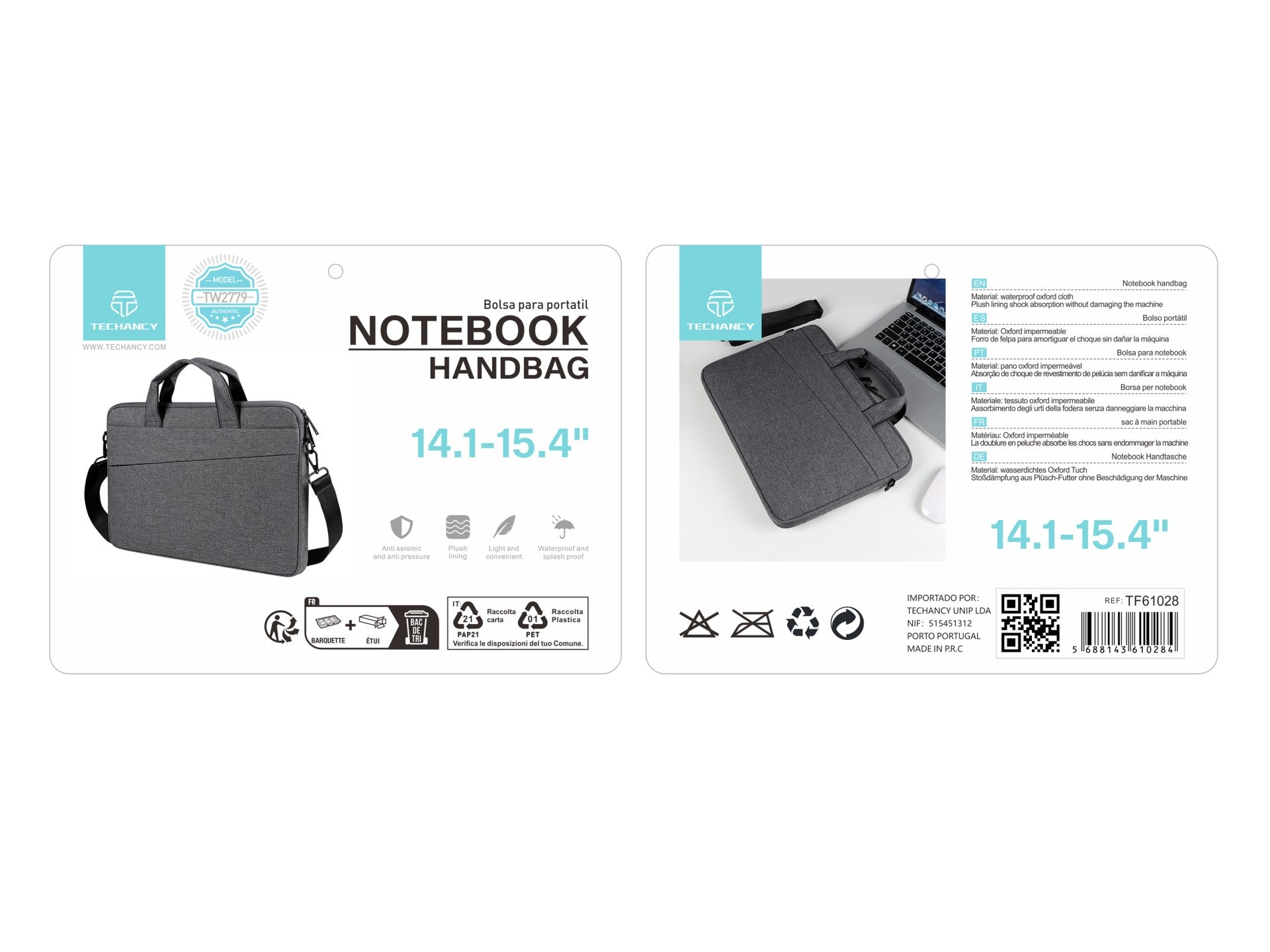 Mala de transporte para computador portátil Techancy TW2779, Preto, 14,1/15,4 polegadas, alça ajustável para o ombro