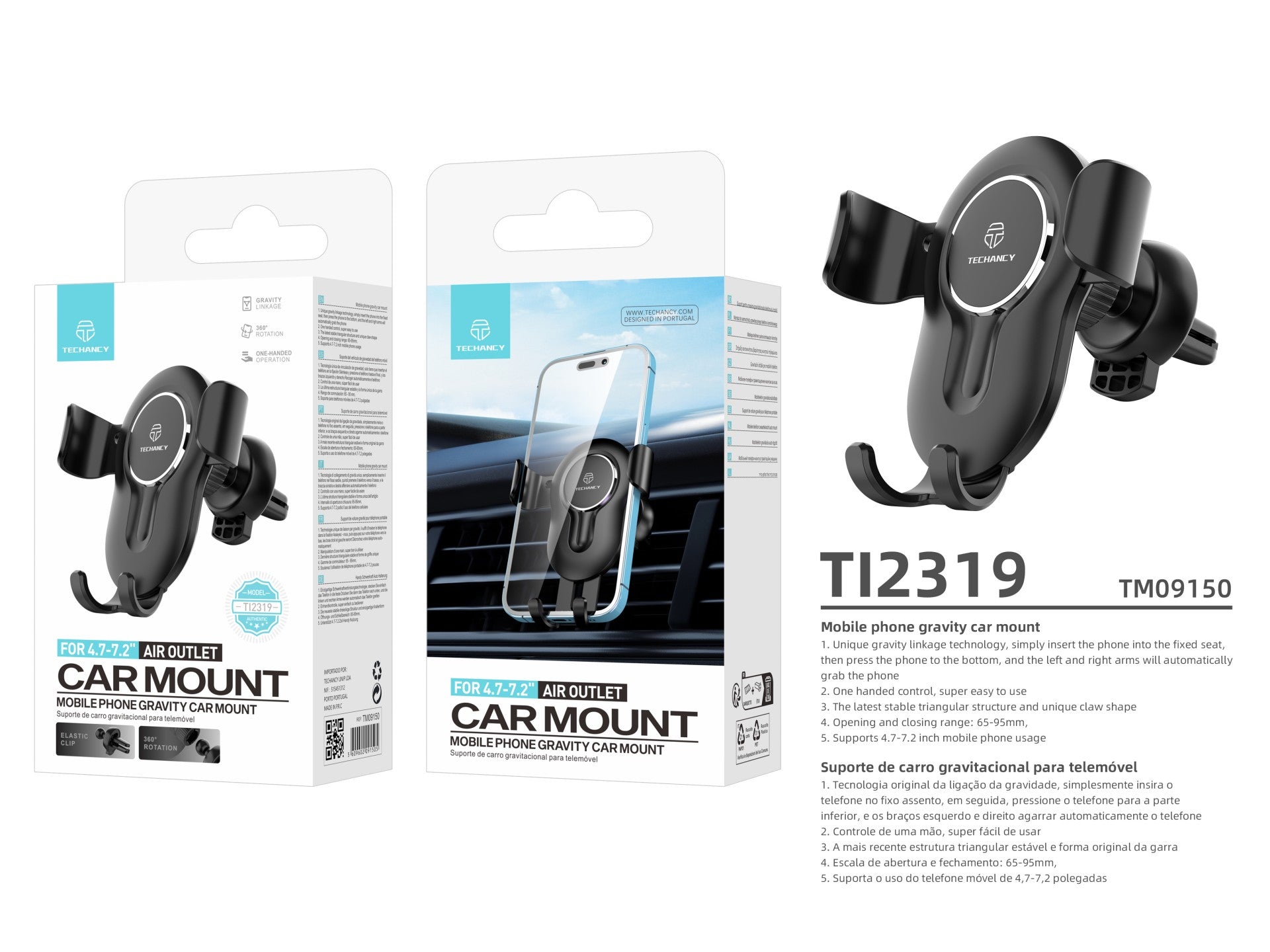 Techancy Suporte De Telemóvel Para Automóvel TI2319,Auto Grip Suporte Para Telemóveis De 4,7 - 7,2 - Polegadas,Preto