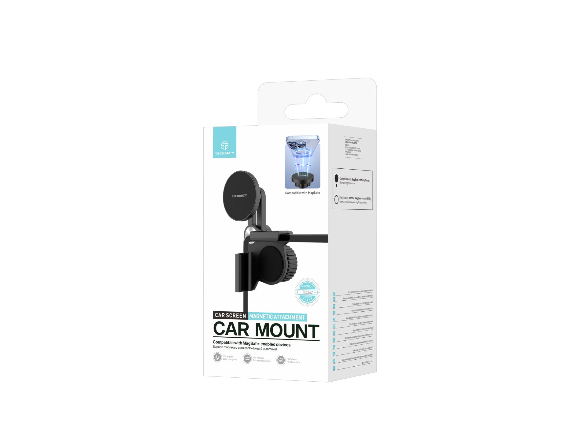 Techancy Magnetic Car Mount TI2342 Compatible MagSafe For Car Screen Monitor Thickness 10-20mm ABS Material Magnet Black