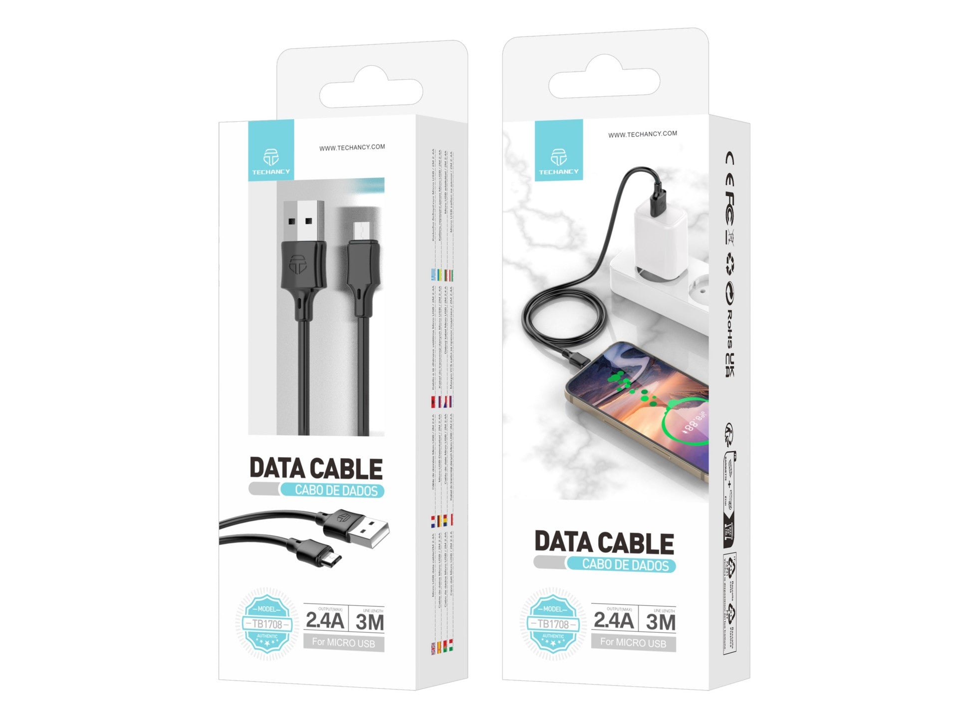 Techancy Cabo De Carregamento 3m Usb-Micro Preto TB1708, Carregamento Rápido De 2,4 A, Carregamento De Longo Alcance 3m