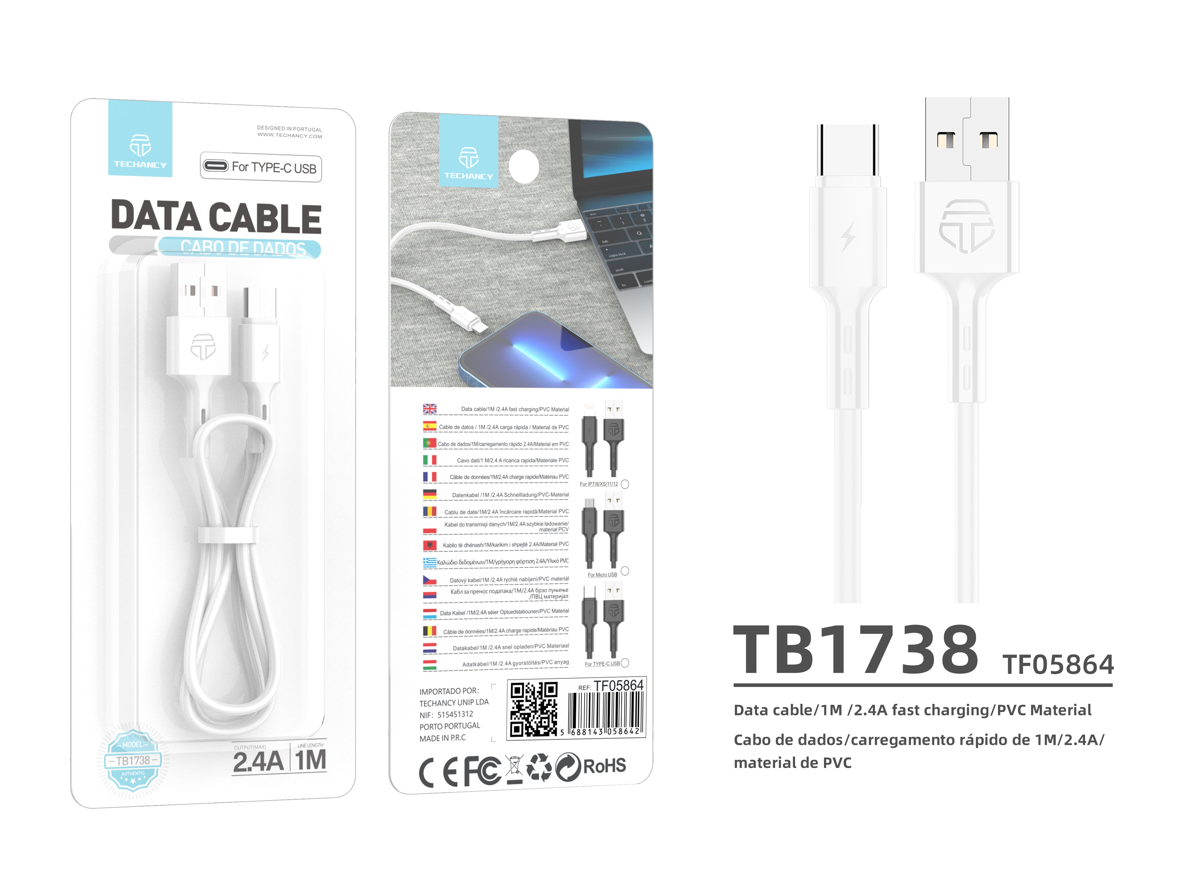 Cable de datos USB tipo C Techancy, TB1738, 1 m, carga rápida de 2,4 A, transferencia de datos, blanco