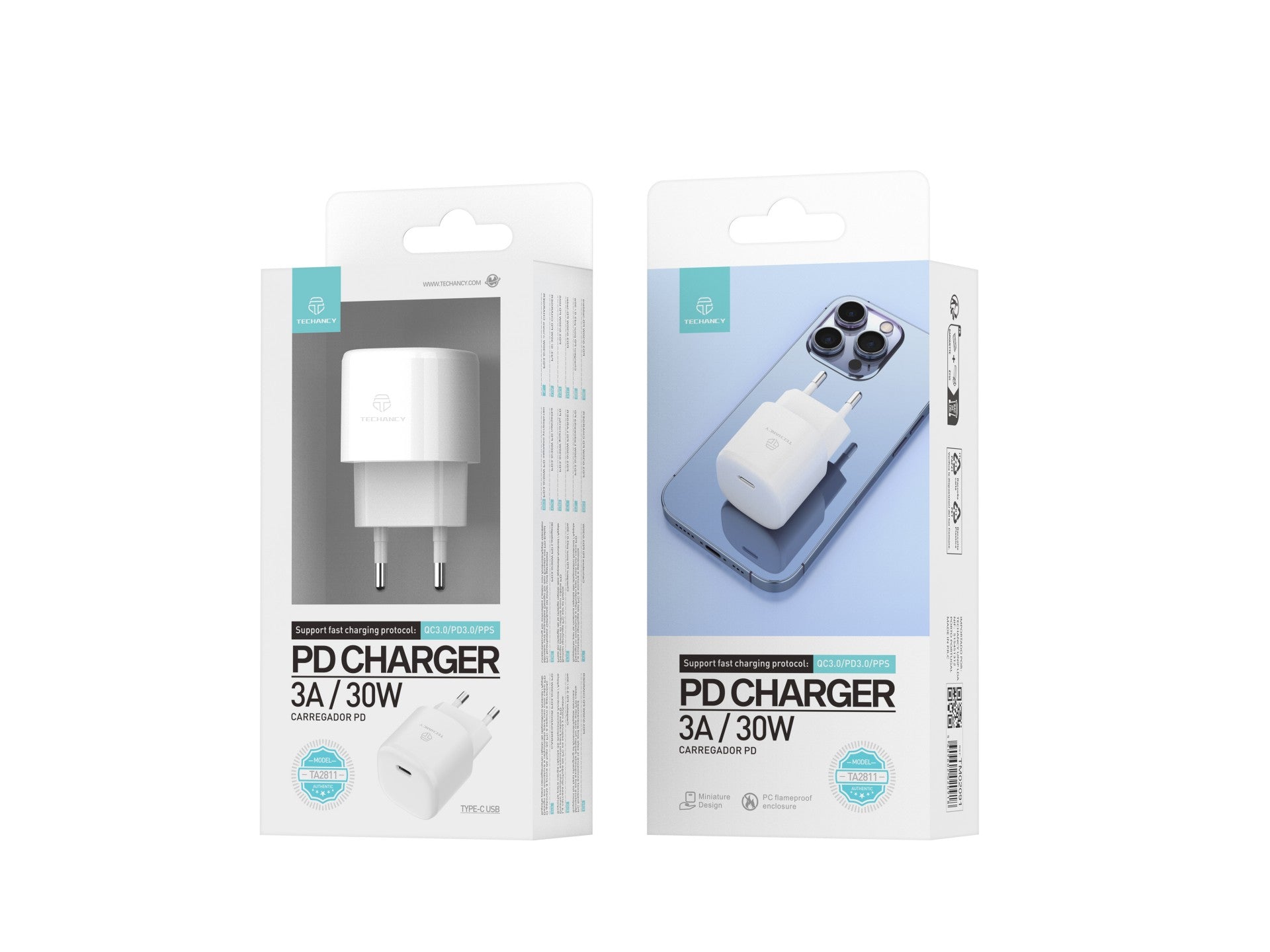 Cargador USB C PD Techancy 30 W blanco TA2811, cable de carga rápida PD adaptable, compatible con Android/Apple.