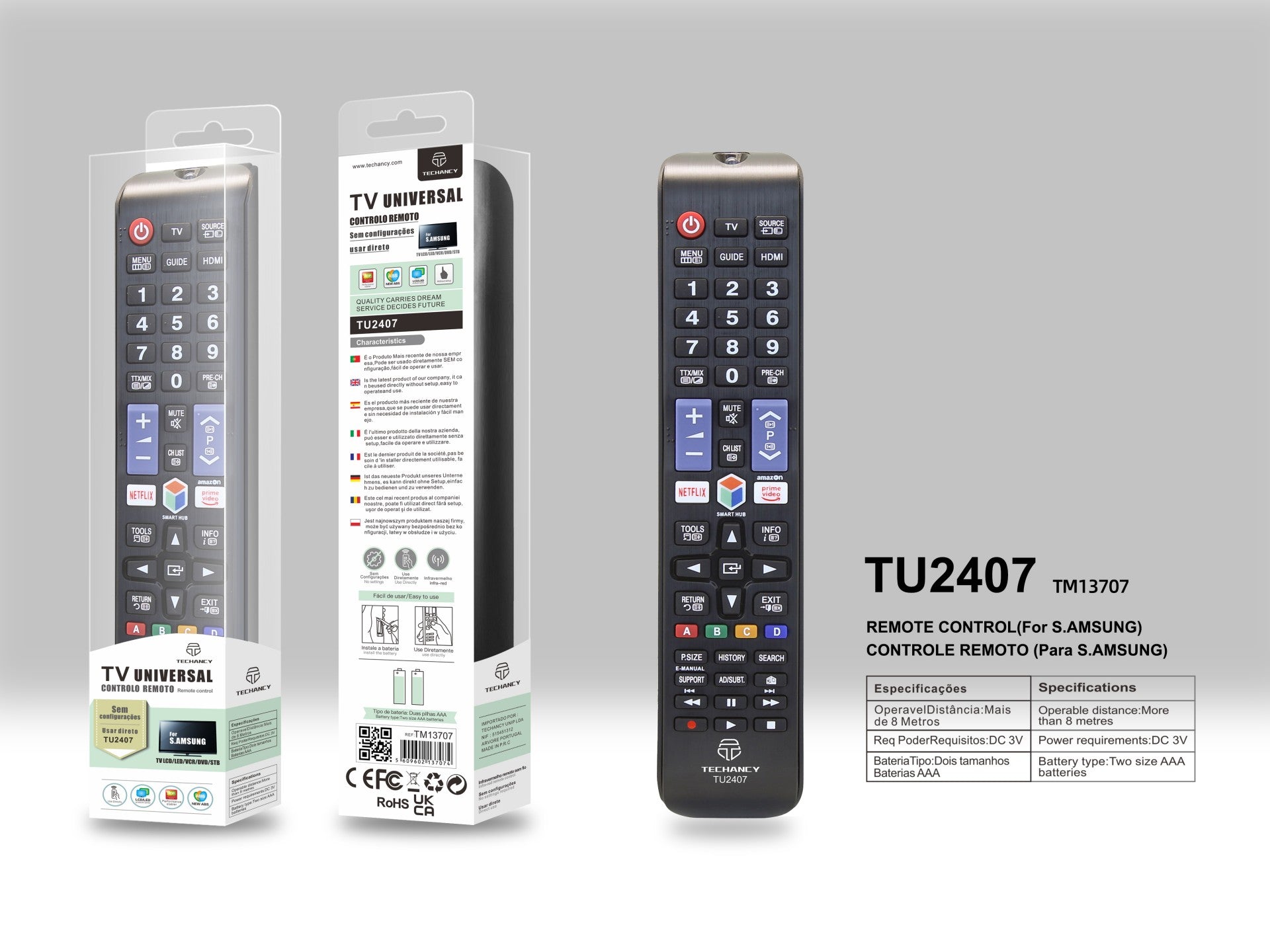 Techancy Controlo Remoto Do Televisor TU2407, Alcance Sem Fios De 8m, Compatível Com Televisores Samsung, Ligação Auto-Adaptável