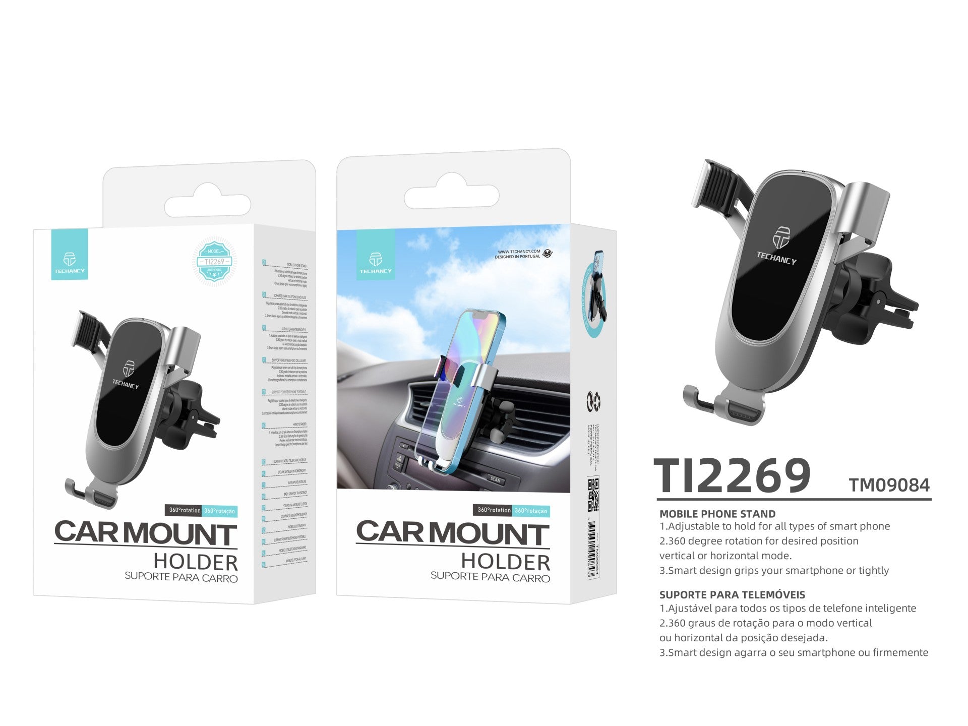 Techancy Suporte Para Telemóvel Para Automóvel Ti2269, Ângulo De Rotação De 360°, A Gravidade Mantém O Telemóvel Seguro