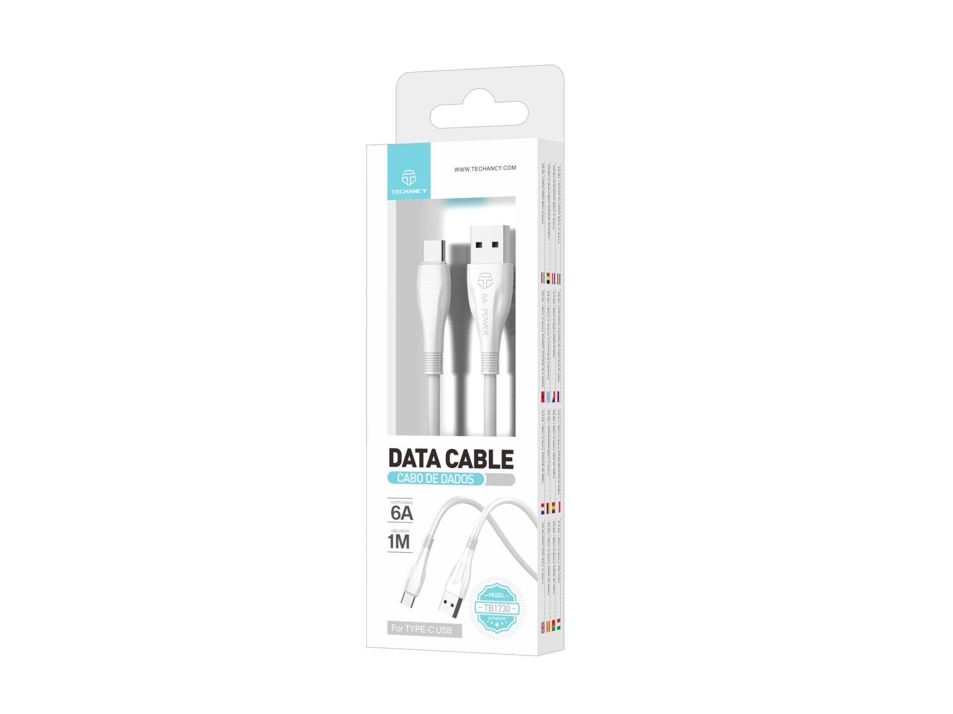 Techancy Cabo De Dados De Carregamento Super-Rápido 6A Branco TB1730, Porta Usb-Tipo-C, 1 M De Comprimento, Carregamento Rápido