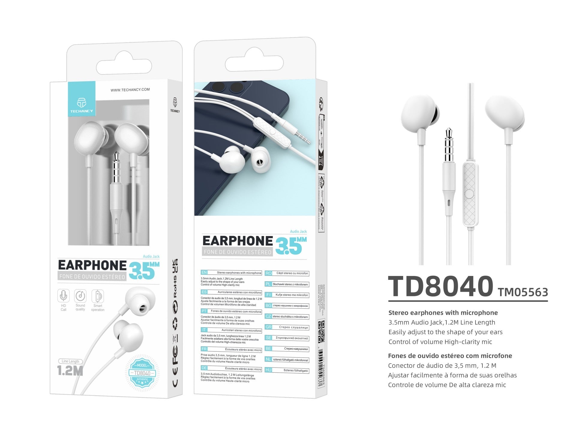 Techancy Auricular Com Fios De 3,5 Mm Branco TD8040, Auricular Com Função De Microfone, Compatível Com Telemóveis/Pc/Mp3, Etc.