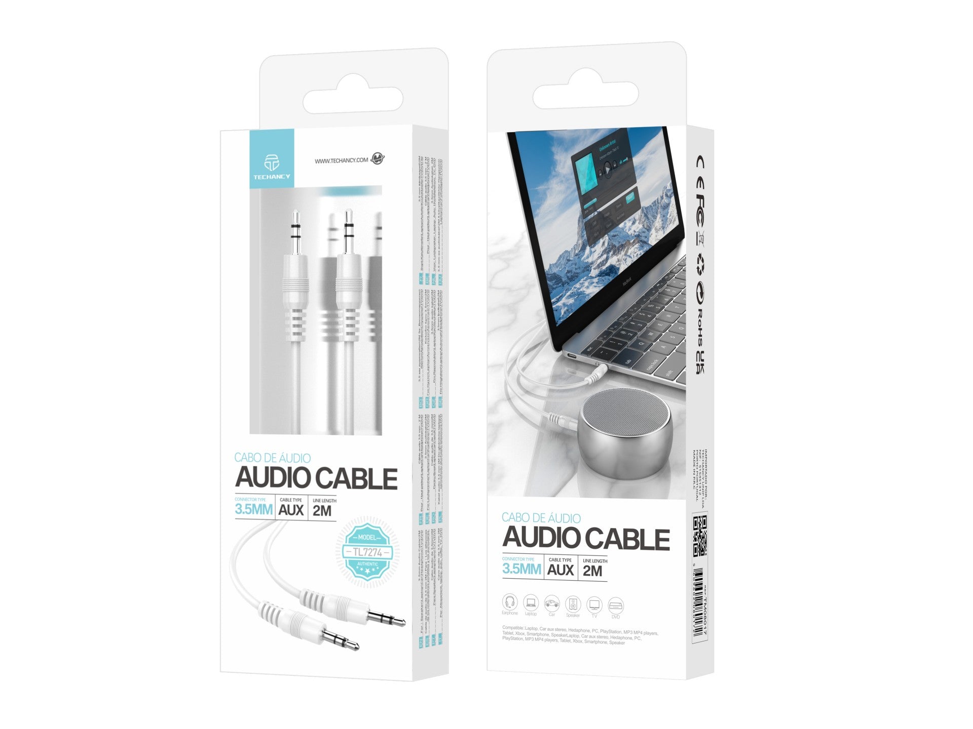 Cable de audio Techancy de 3,5 mm, blanco TL7274, 2 metros, para altavoces, ordenadores, coches, auriculares y DVD, etc.