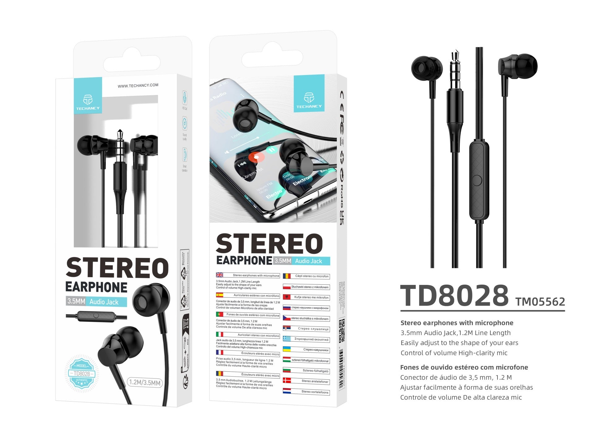Techancy Auscultadores Intra-Auriculares Brancos 1,2 M TD8028, Com Controlo De Volume Do Microfone, Conetor De 3,5 Mm
