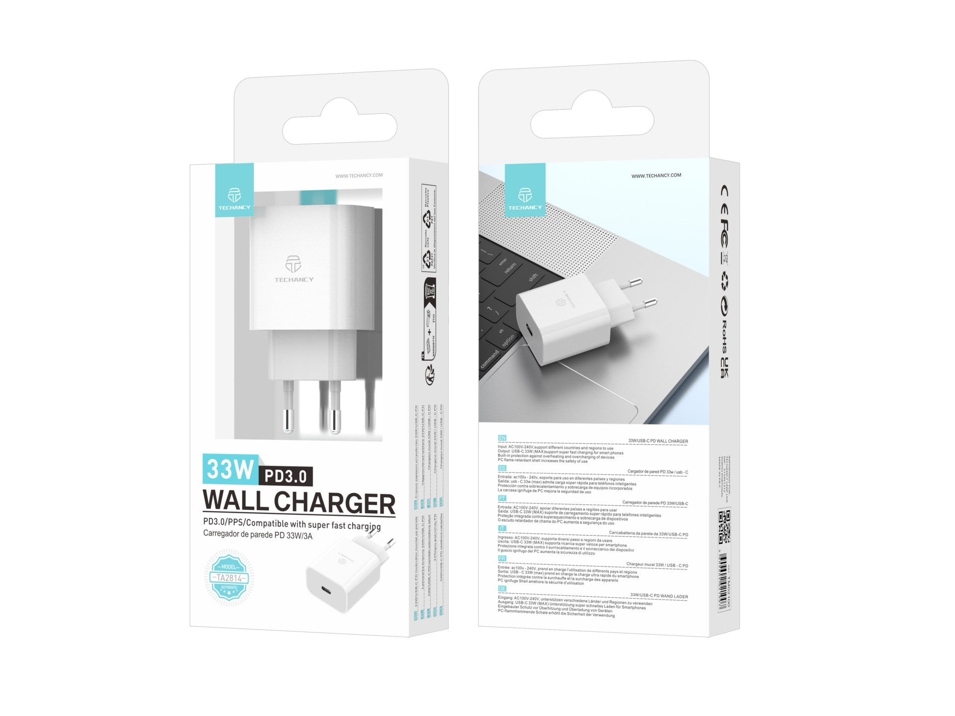 Techancy Carregador De Saída Usb-C 33w TA2814, Carregamento Rápido PD3.0, Compatível Com Vários Smartphones Branco