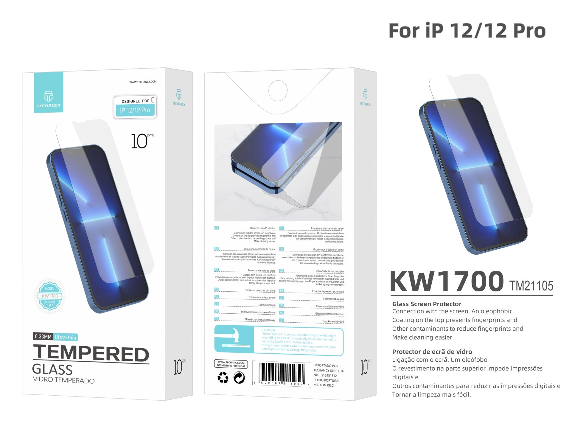 Techancy Tempered Glass Screen Protector for iPhone 12/12 Pro KW1700, 0.33mm, Scratch-resistant, High Transparency, Easy Application