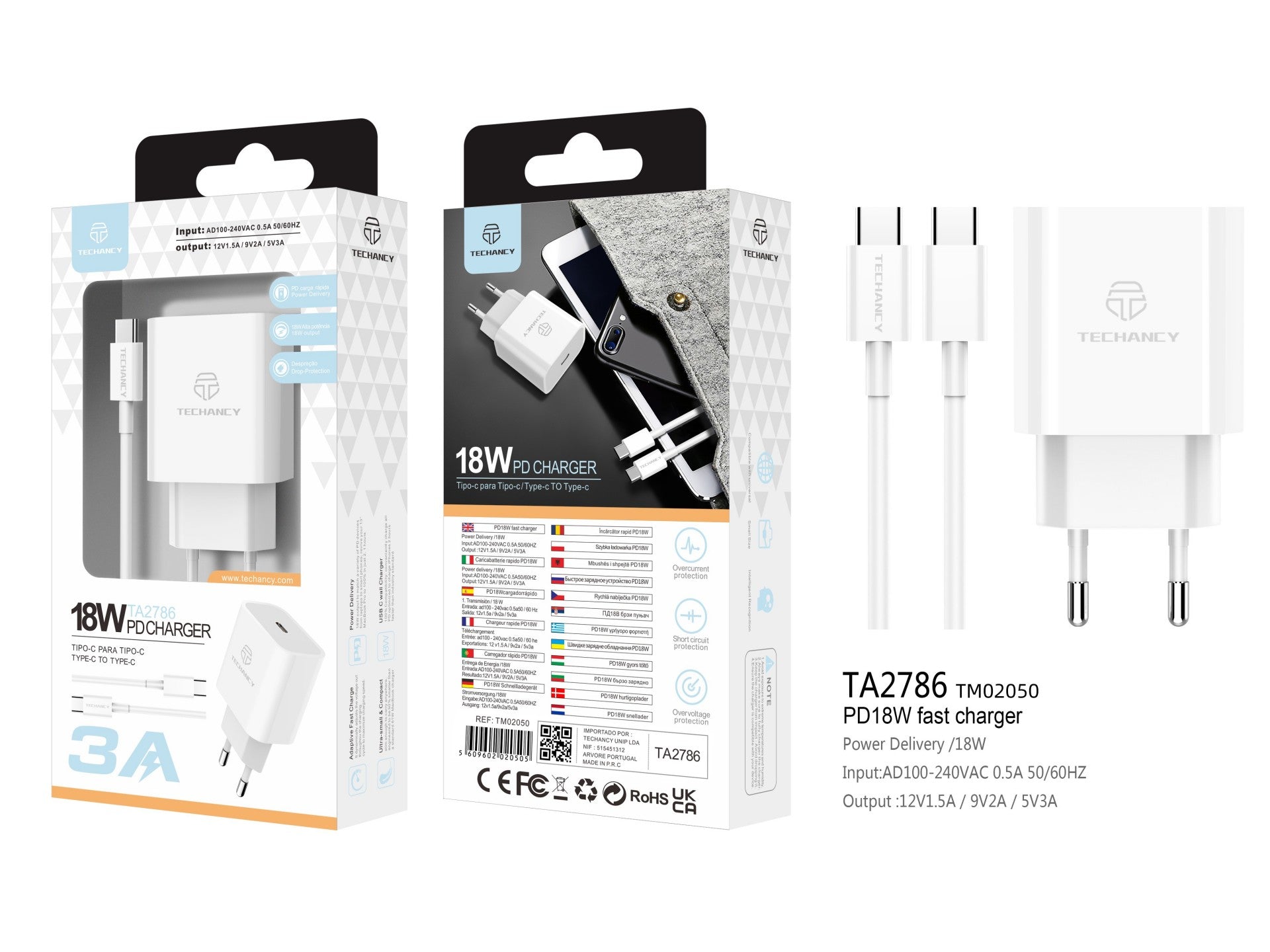 Techancy Carregador Pd 18w TA2786, Conjunto De Cabos Usb C-Lightning, Carregamento Rápido 3A, Compacto E Portátil