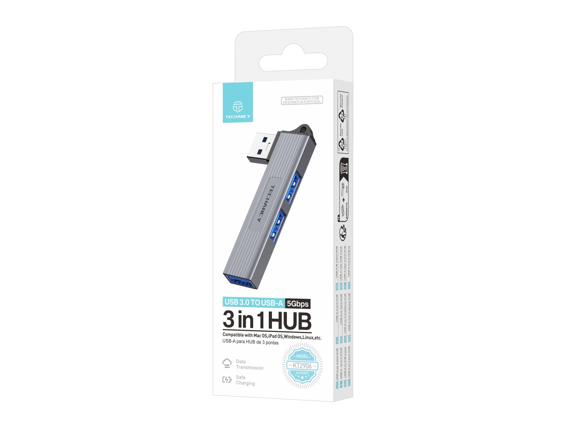 Techancy USB-A a USB 3.0 3 en 1 Techancy KT2906, compatible con Mac OS/iPad OS/Windows, velocidad de transmisión de 5 Gbps, carga segura