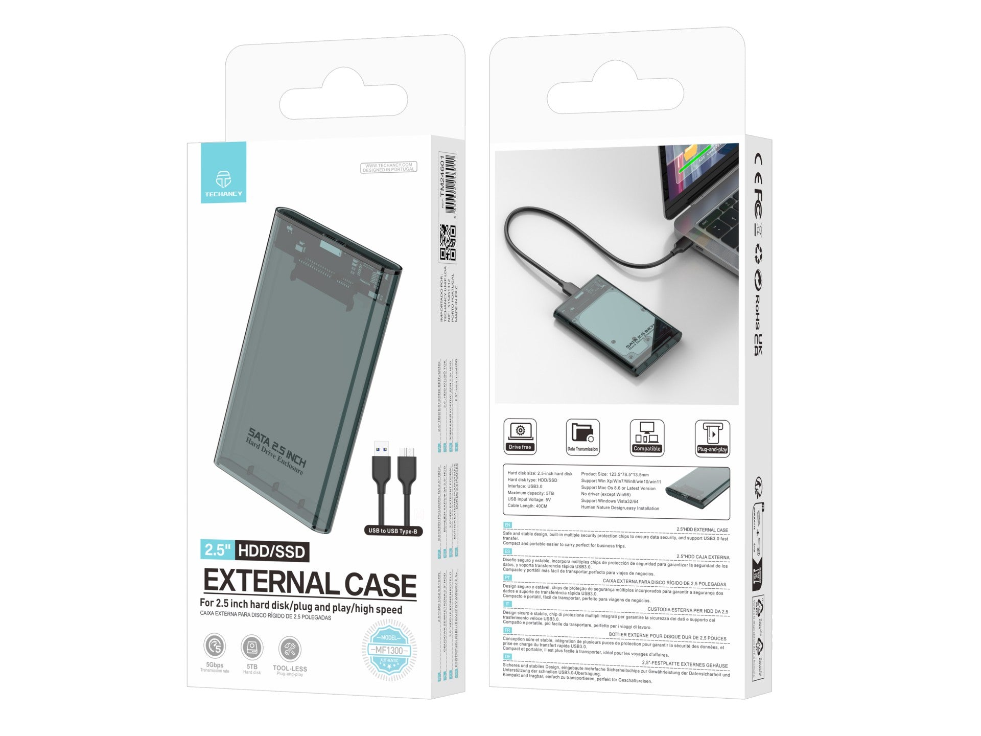 Techancy Estojo Externo de 2,5" SATA para HDD/SSD Preto MF1300, com USB3.0 de Alta Velocidade, Portátil
