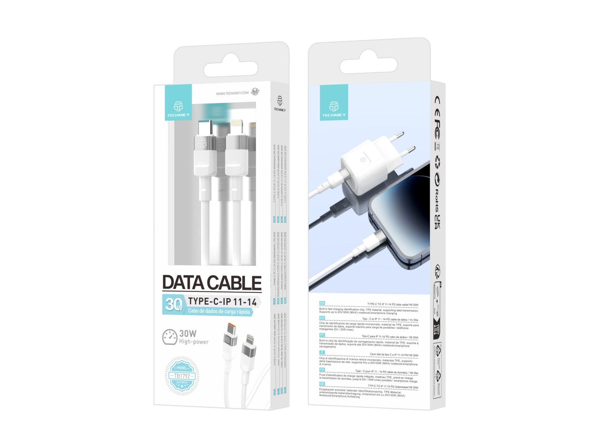 Cable de datos Techancy PD de 30 W, blanco, 1 m, TB1792, USB C-IPX/11/12-14, compatible con carga rápida y transferencia de datos.