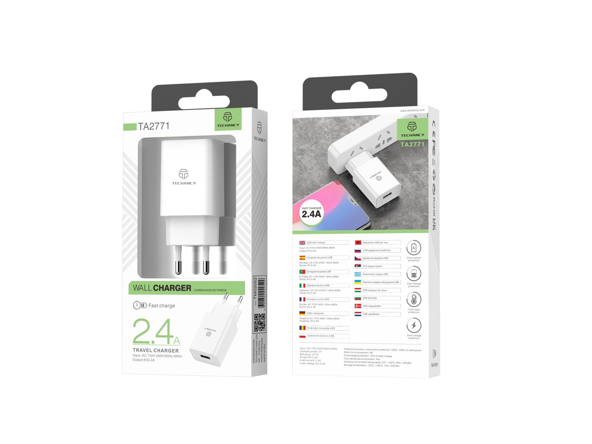 Techancy Carregador De Telemóvel Branco TA2771, Saída Usb 5v-2.4a, Compatível Com Samsung, Huawei, Apple, Etc.