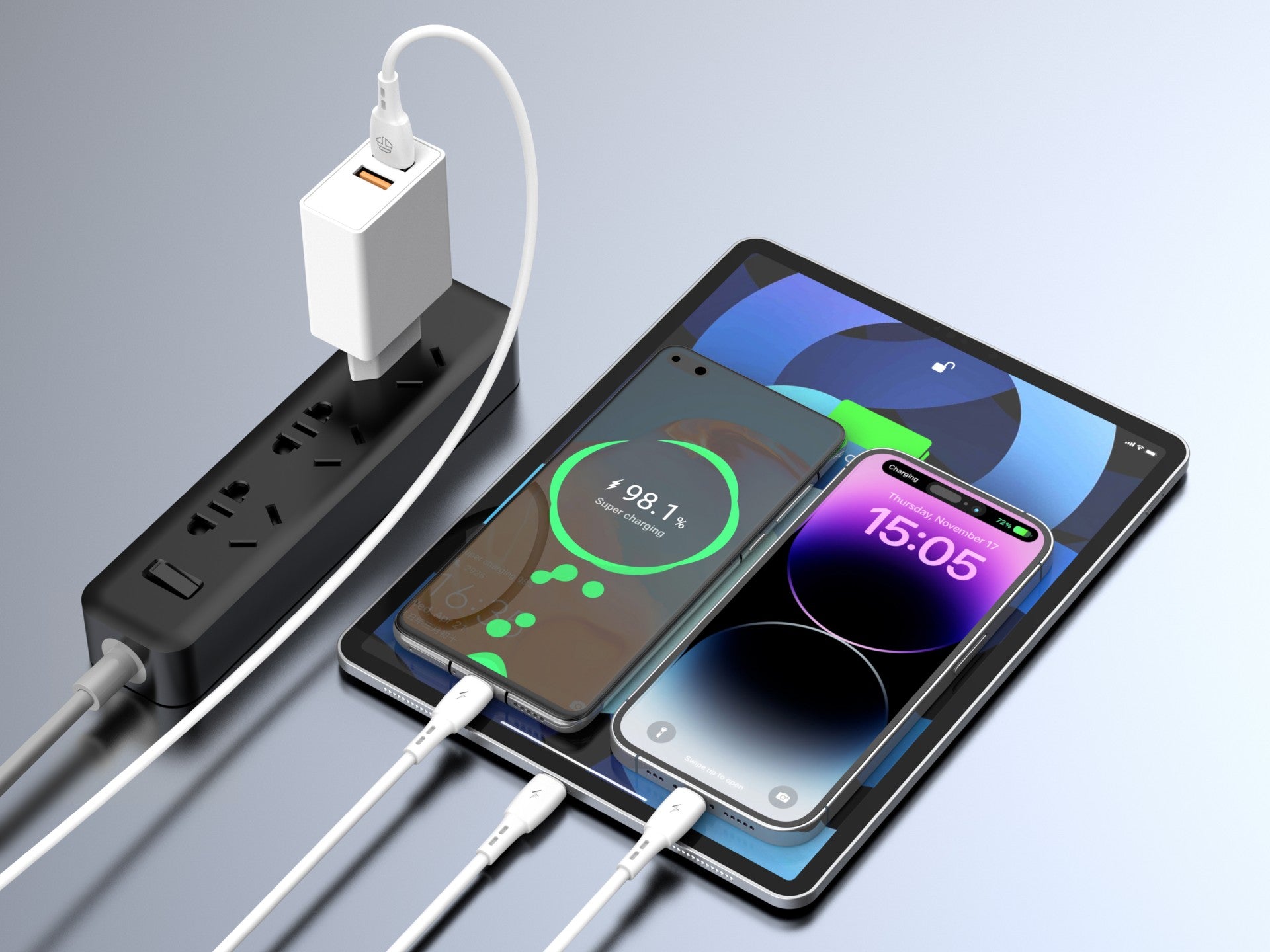 Cable 3 en 1 Techancy TB1742, 2,4 A, 1 m, blanco, USB-C/Micro/Lightning, compatible con varios dispositivos, diseño resistente