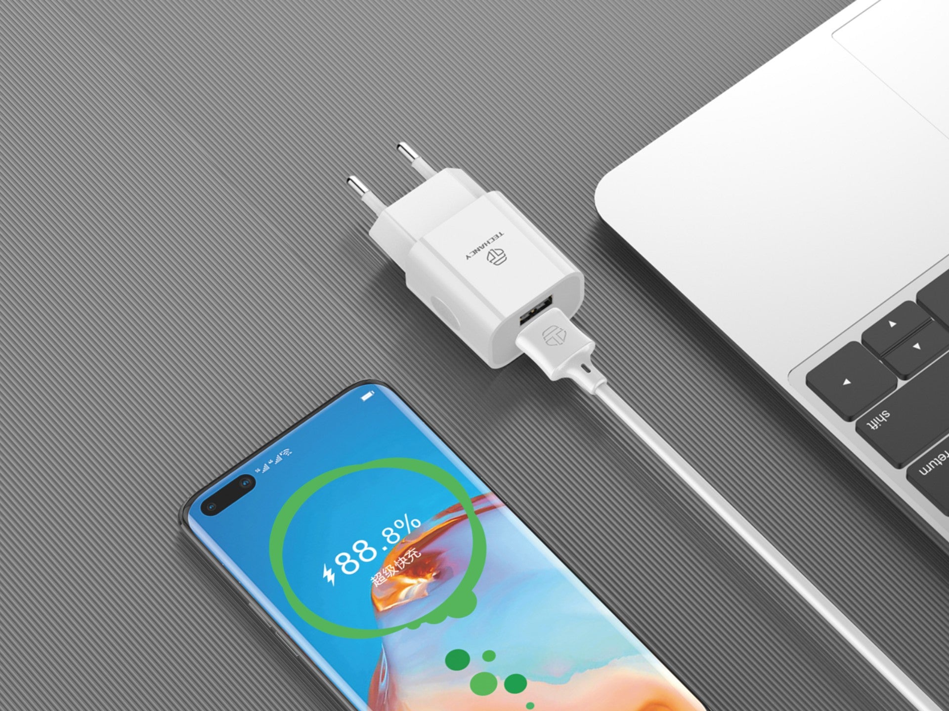 Techancy Carregador De Parede 2usb Branco TA2791,5V-2.4A Carregamento,Conjunto De Cabos Usb-Tipo-C 1m,Suporta Telemóveis Usb-C