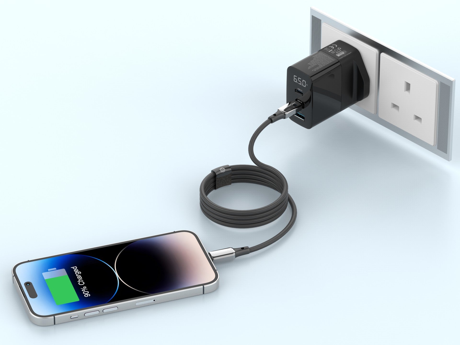 Cable USB-C a Lightning Techancy TB1802, 27 W, 1 m, negro, conector de aluminio, diseño antideslizante, compatible con iPhone 11-14