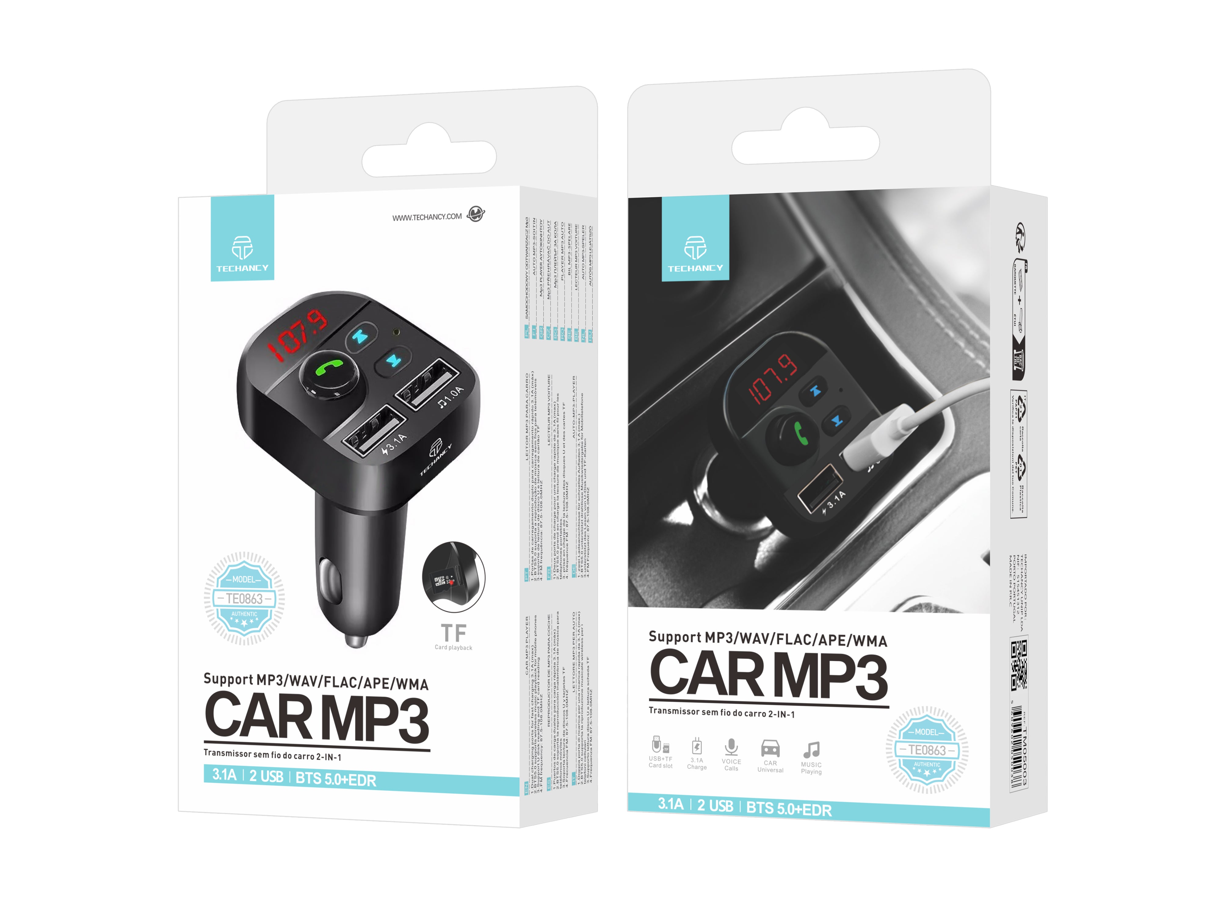 Techancy Leitor Mp3 Para Automóvel Preto TE0863, Carregamento Rápido De 3,1 A, Ligação Fm+Bluetooth, Entrada 12-24 V
