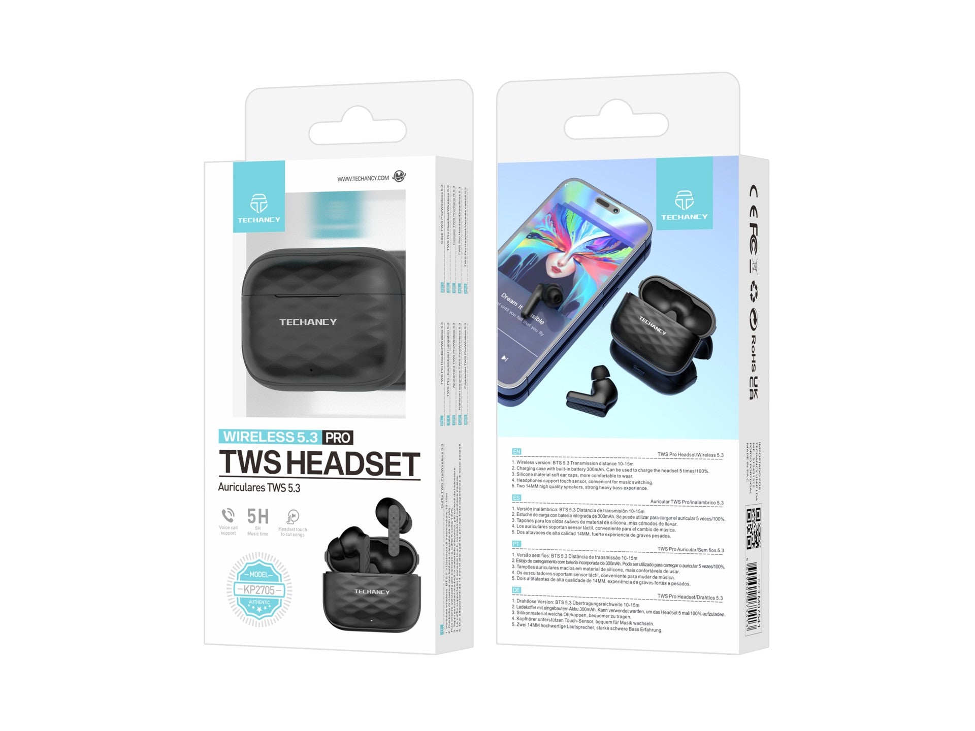 Techancy Wireless Headphones Black, KP2705, 10M Wireless Stereo Connection, 3-4 Hours Music Playback