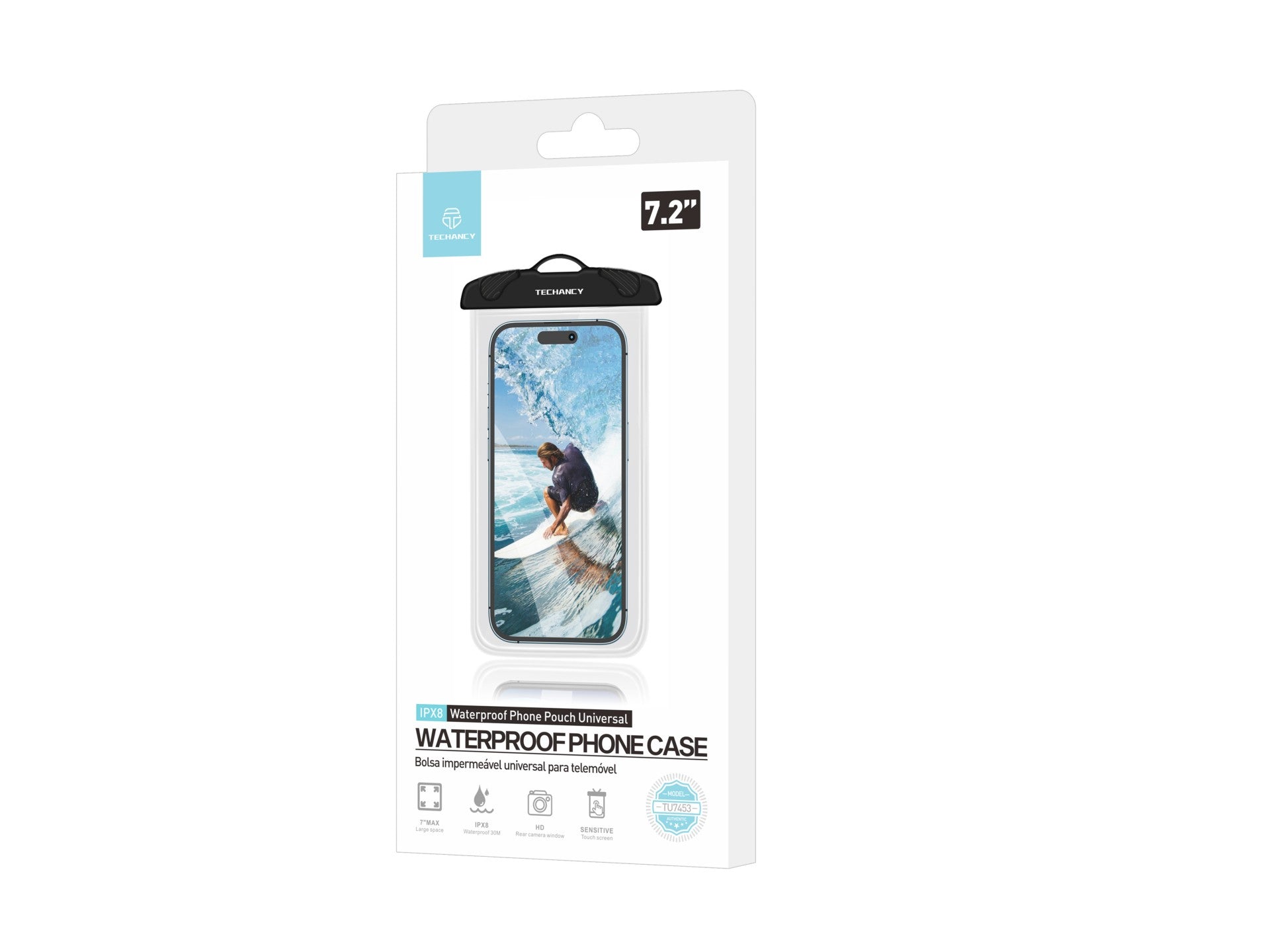 Techancy TU7453 Black Waterproof Phone Case. Extra Large 7.2 Inch Capacity, IPX8 Waterproof.