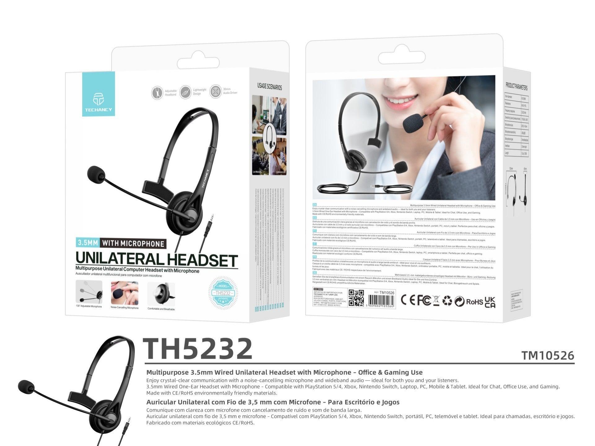 Techancy TH5232 Wired 3.5mm One-Handed Headset with Noise-Cancelling Microphone for Call Centers, Offices, Meetings, and Gaming. Compatible with PC, Mobile Phones, and Consoles.