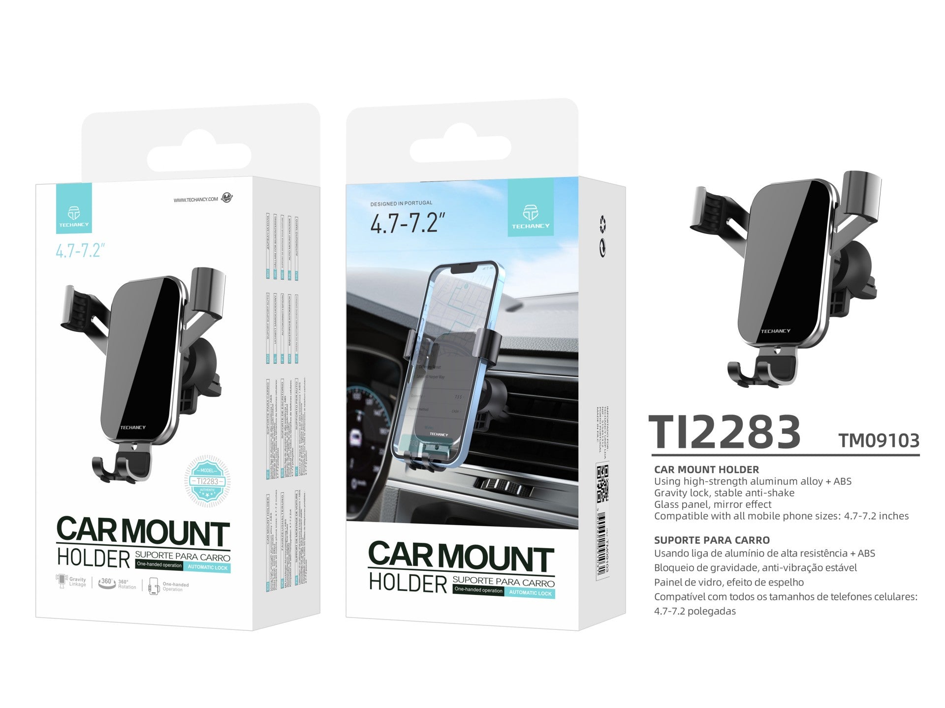 Techancy Suporte Para Telemóvel Para Automóvel Ti2283, Metal, Painel De Vidro Espelhado, Telemóveis De 4,7-7,2 Polegadas