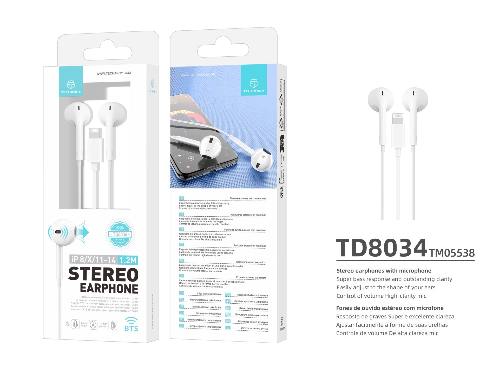 Techancy Fones De Ouvido TD8034 ,Estéreo Para Iphone 8/X/11-14, Branco, Com Microfone, Graves Potentes E Controle De Volume