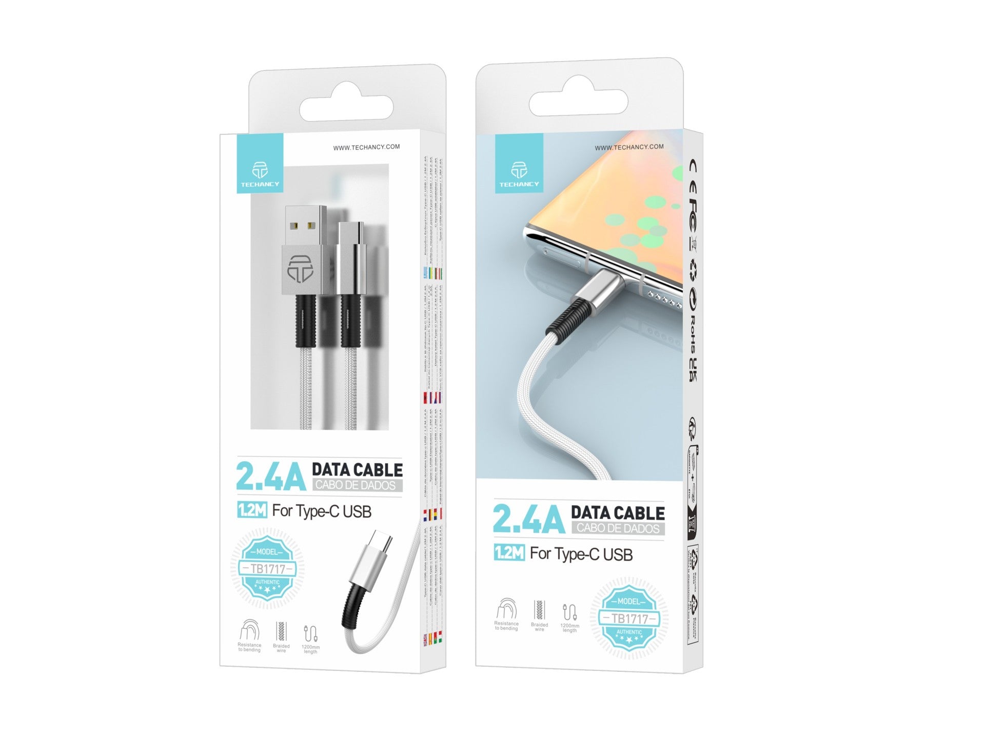 Techancy Cabo De Dados Usb- Tipo C Branco TB1717, Carregamento Rápido De 2,4 A, Liga De Alumínio + Entrançado 1,2 M