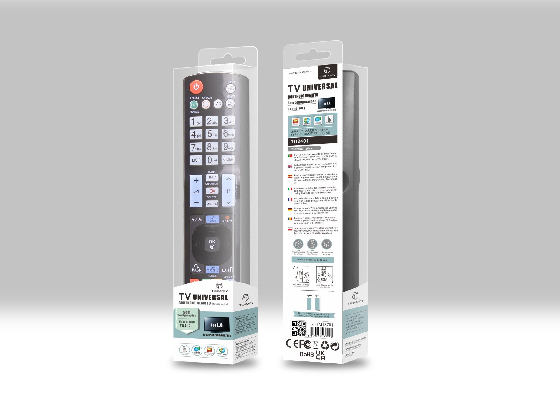 Techancy Controlo Remoto Do Televisor TU2401, Alcance Sem Fios De 8m, Compatível Com Televisores Lg, Ligação Auto-Adaptável