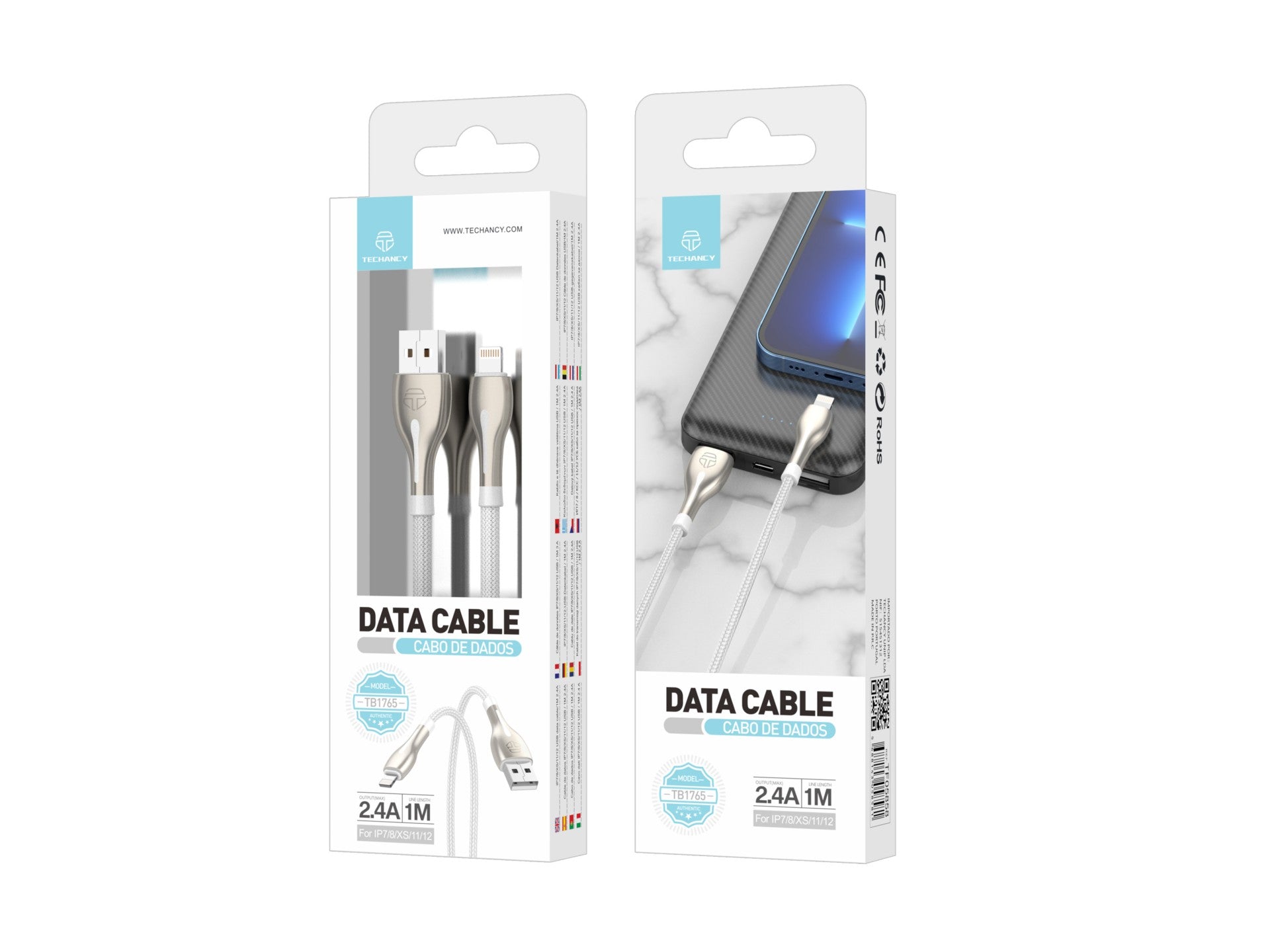 Cabo de dados USB-iP Metal da Techancy, TB1765, 1 m, 2,4 A, cinzento