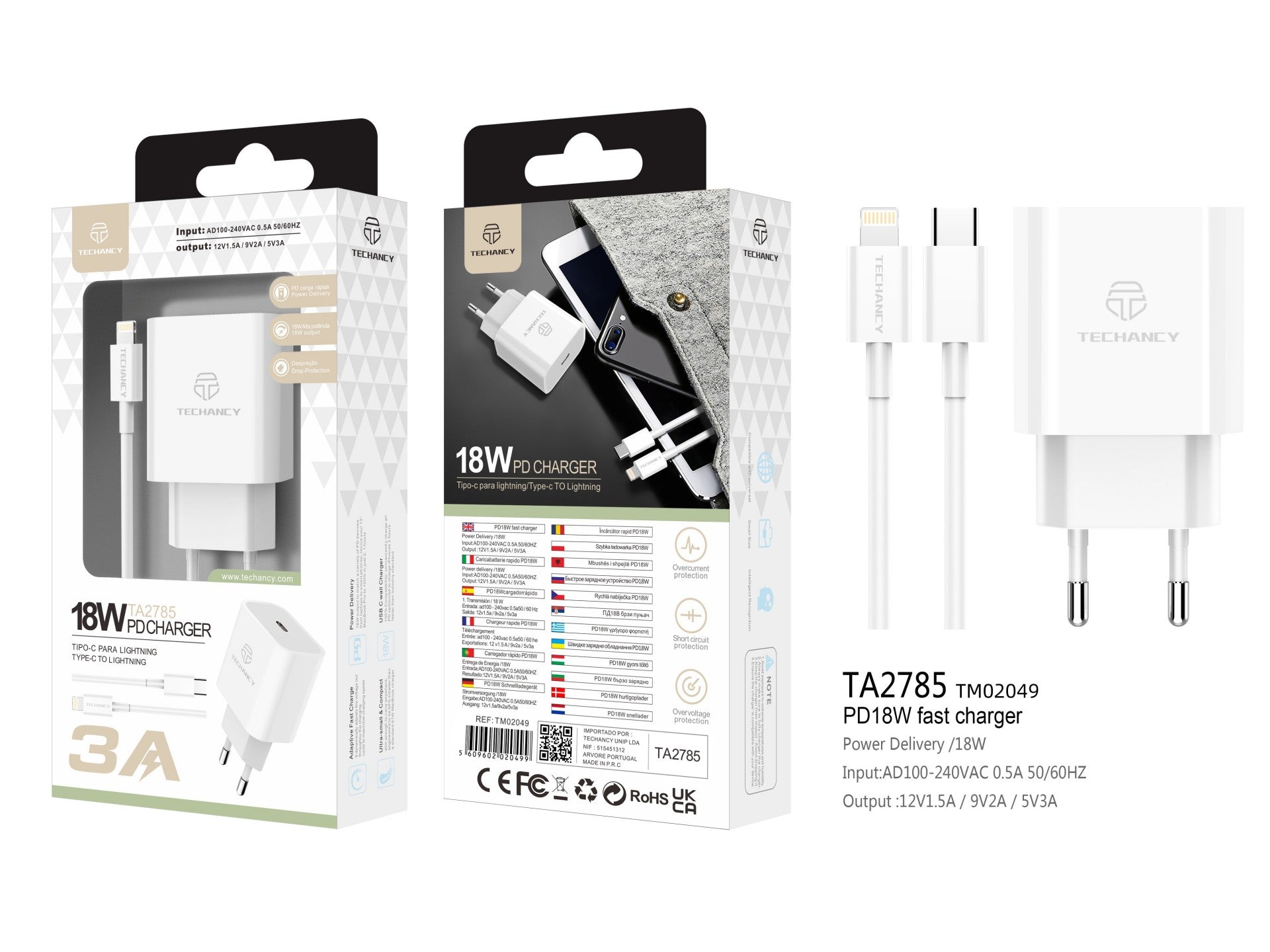 Cargador PD Techancy TA2785 de 18 W, cable USB-C a Lightning, carga rápida de 3 A, compacto y portátil.