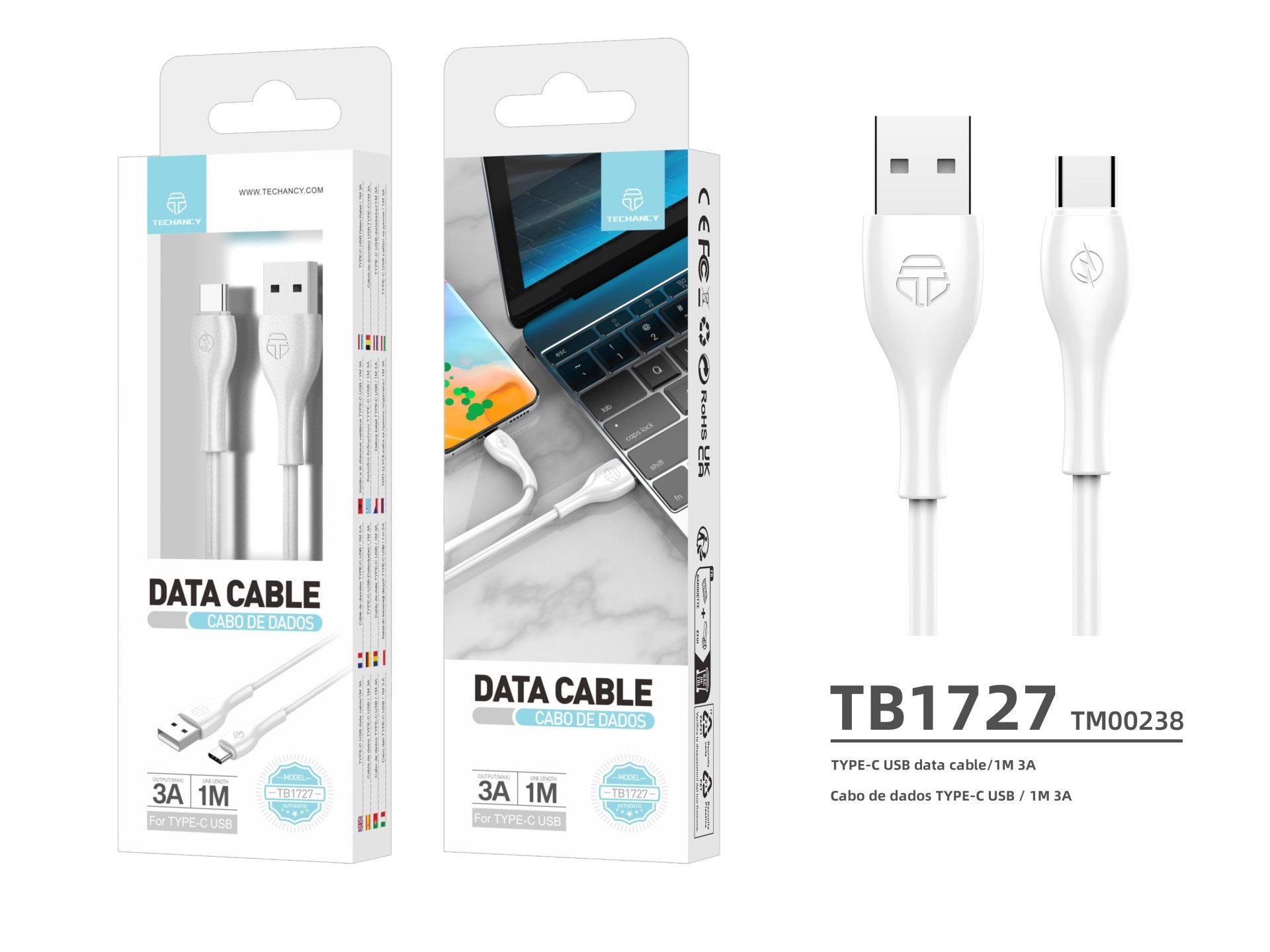 Techancy Cabo De Dados 1m Branco TB1727, Porta Usb Tipo C 3a De Carregamento Rápido, Adequado Para Muitos Dispositivos