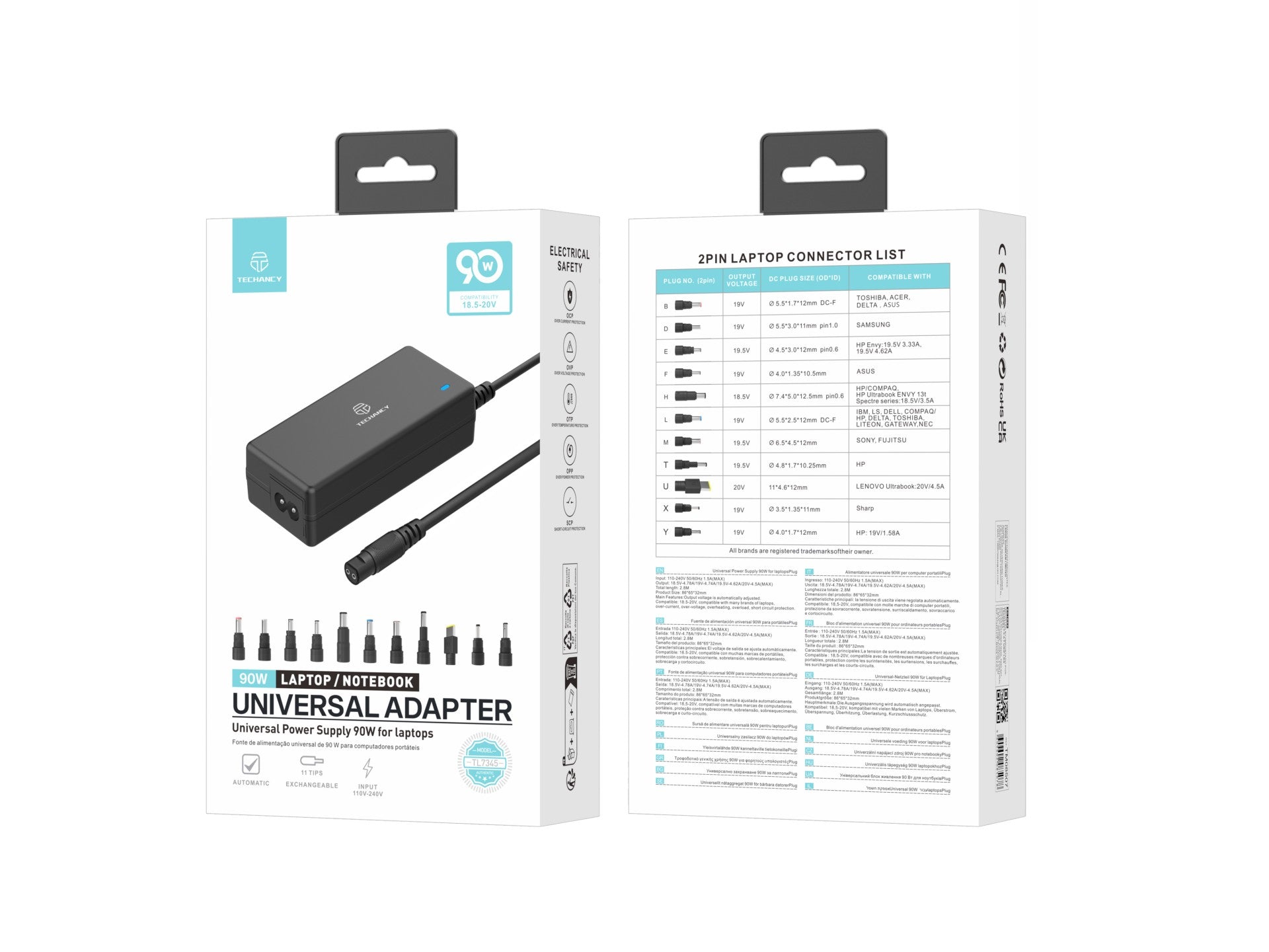 Techancy Adaptador de energia universal TL7344 para laptops, com potência de 90W, 11 conectores e proteções contra sobrecorrente e sobretensão