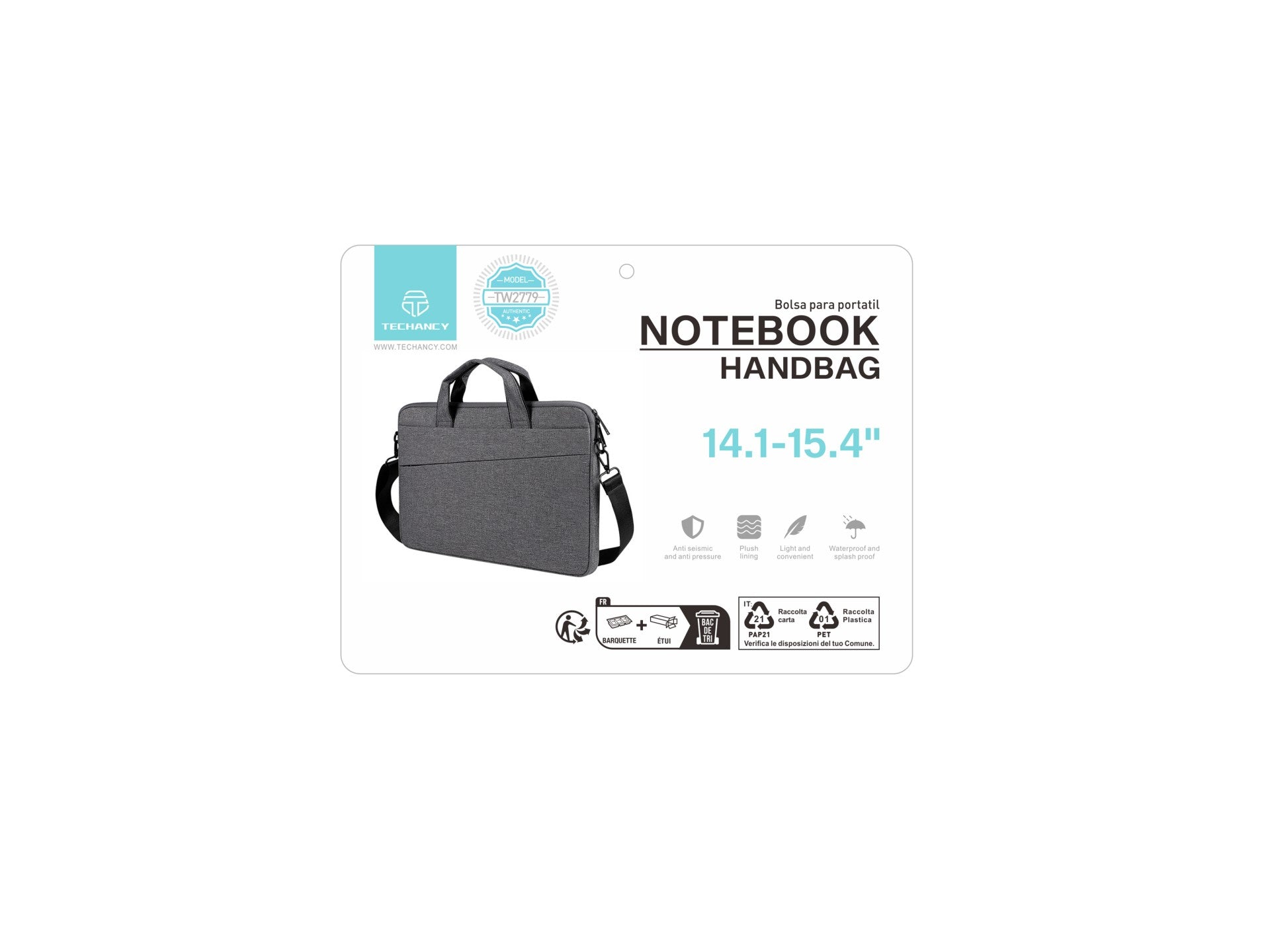 Mala de transporte para computador portátil Techancy TW2779, Preto, 14,1/15,4 polegadas, alça ajustável para o ombro