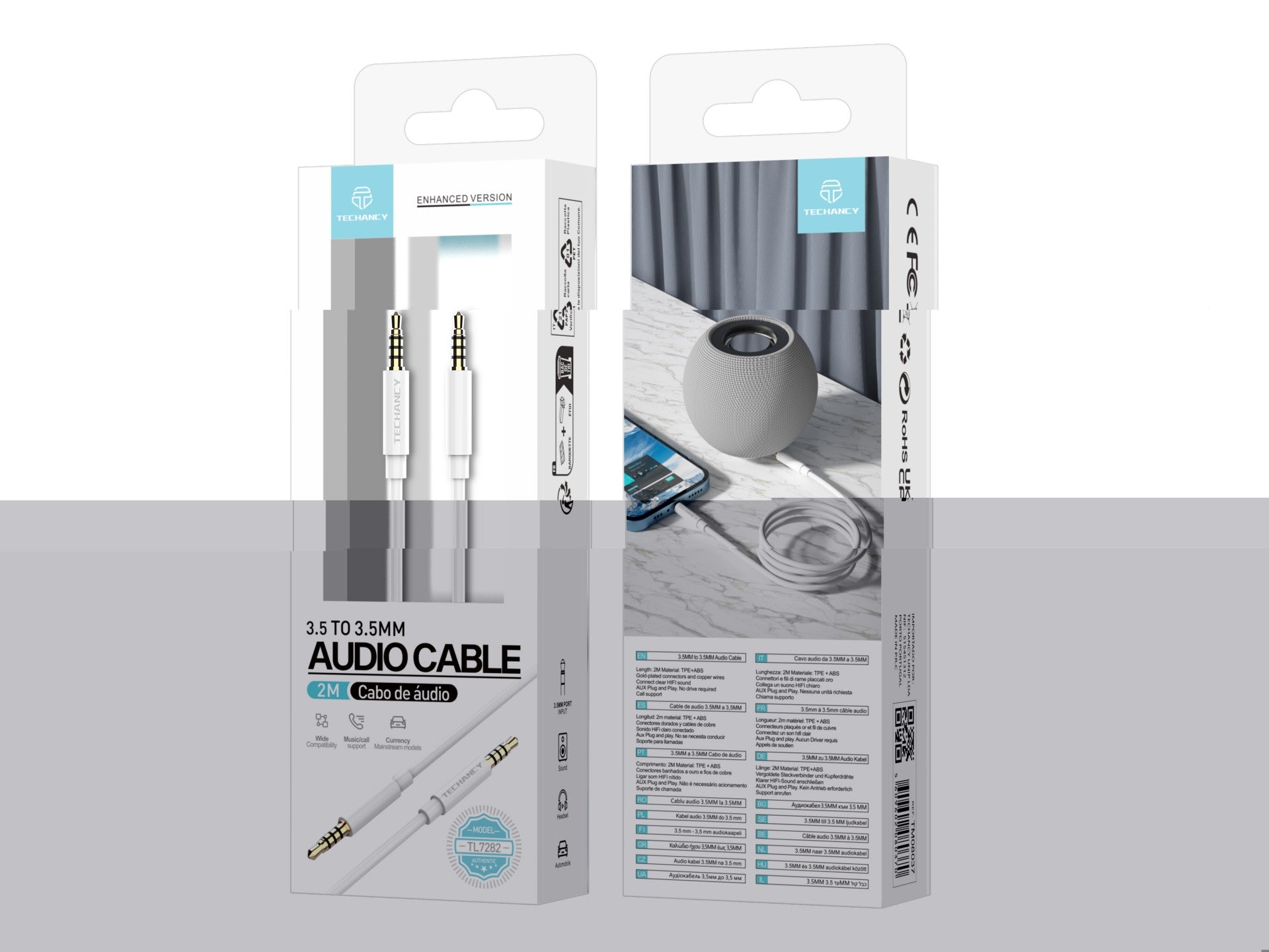 Techancy Cabo de áudio de 3,5MM da TL7282, 2 metro, Plug and Play, para estéreo de carro, estéreo, computador, branco