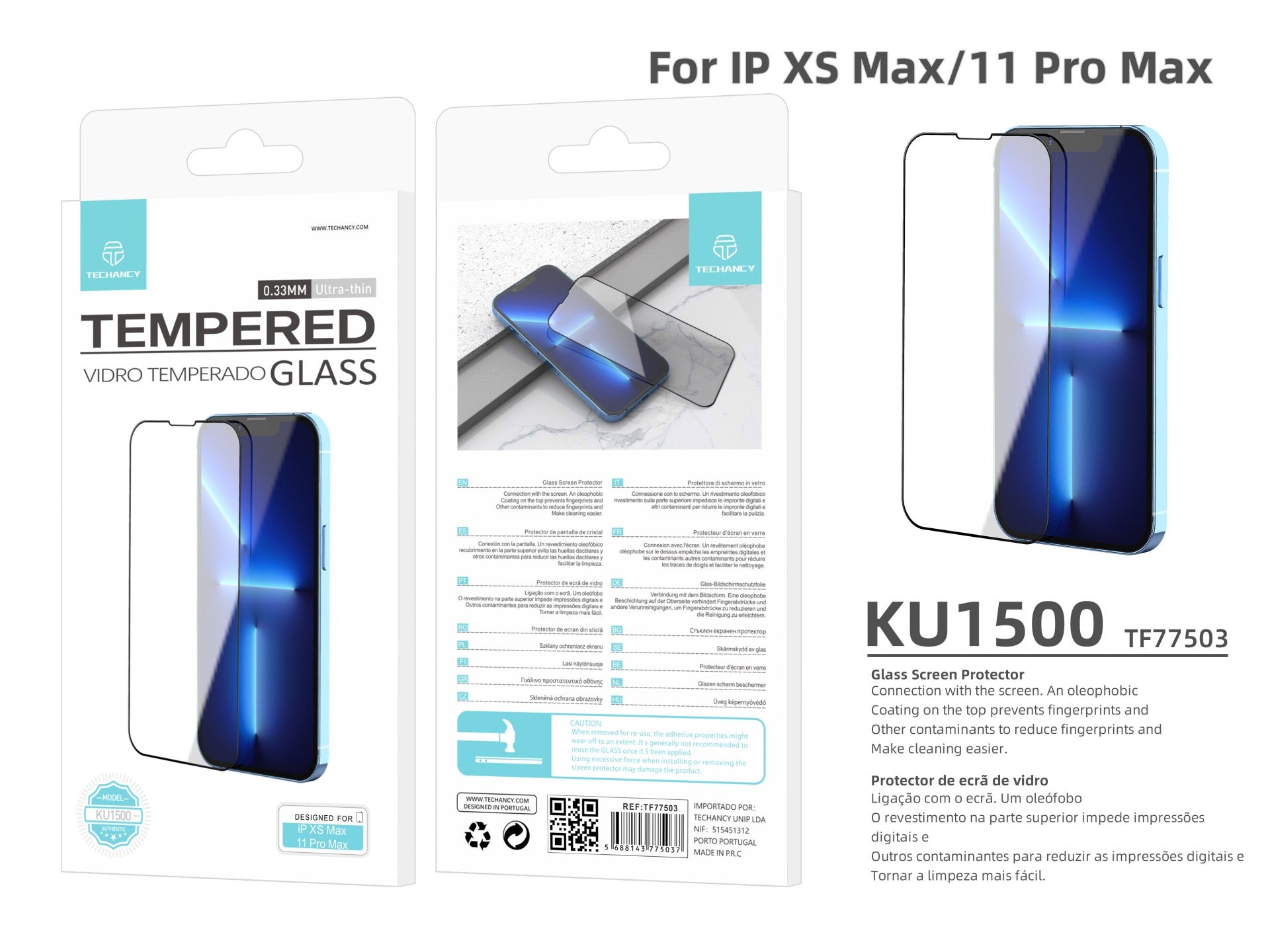 Techancy Premium Smartphone Screen Protector, KU1500, 0.33 Tempered Glass, Compatible with iPhone Xs Max/11 Pro Max