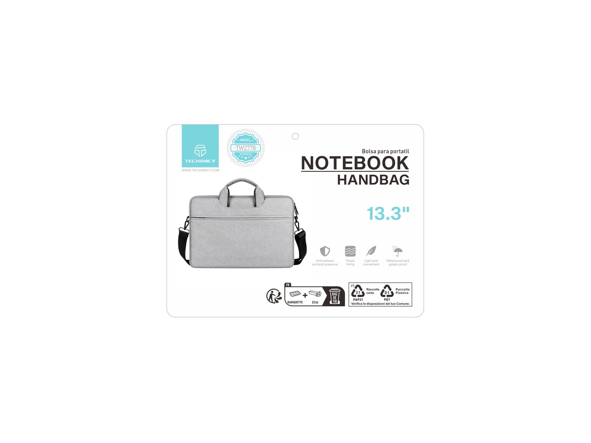 Techancy TW2778 Laptop Bag, Gray, 13.3-Inch, Adjustable Strap