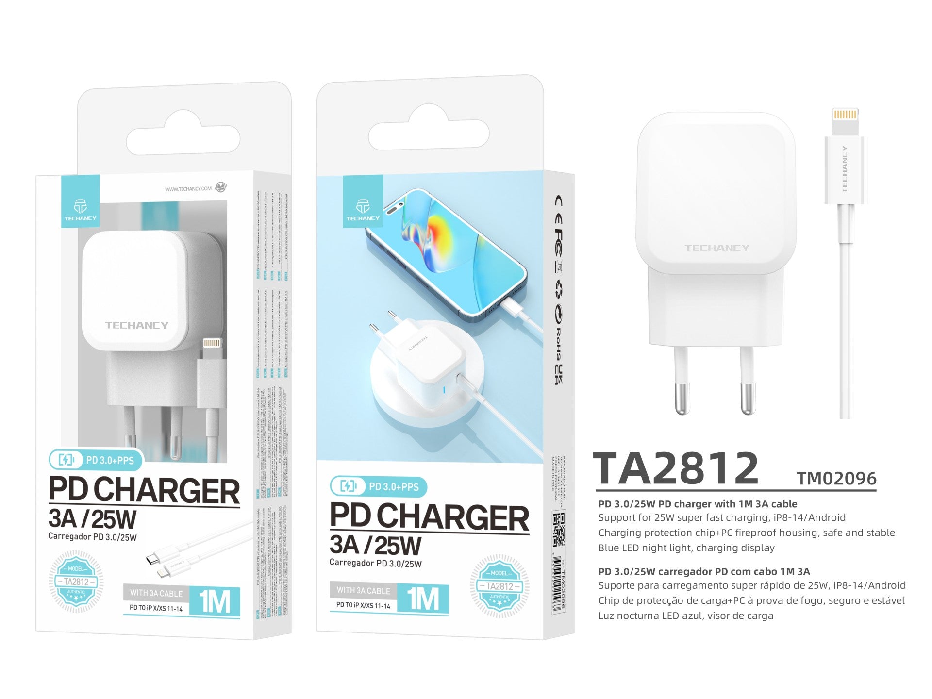 Techancy Carregador Pd De 25w Usb C Branco TA2812, Cabo De Carregamento Rápido Usb C Para Ip8/X/11-14 Kit 3a.