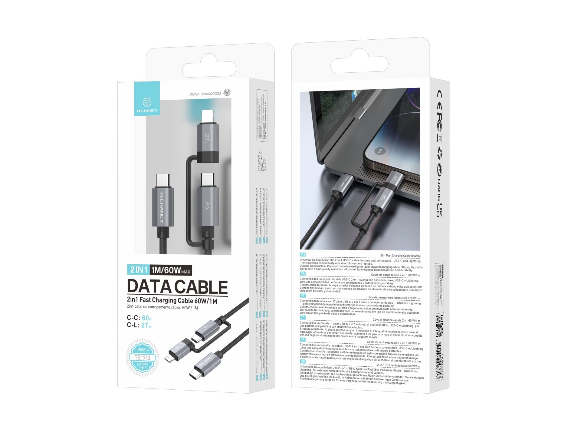 Cable de carga rápida Techancy TB1743 2 en 1 de 1 m, USB-C a USB-C de 60 W y USB-C a Lightning de 27 W, cable duradero para múltiples dispositivos