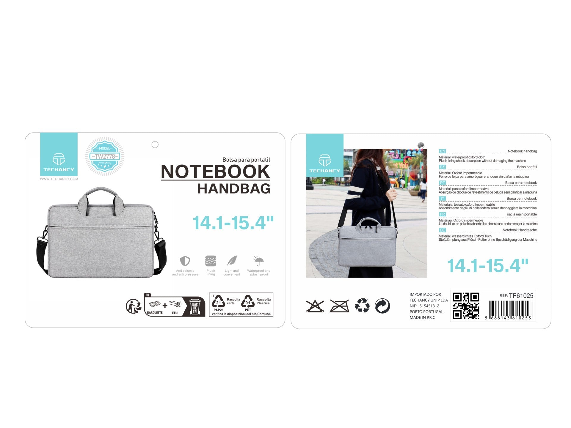 Techancy TW2778 Gray 14.1/15.4 Inch Laptop Carrying Case with Adjustable Shoulder Strap