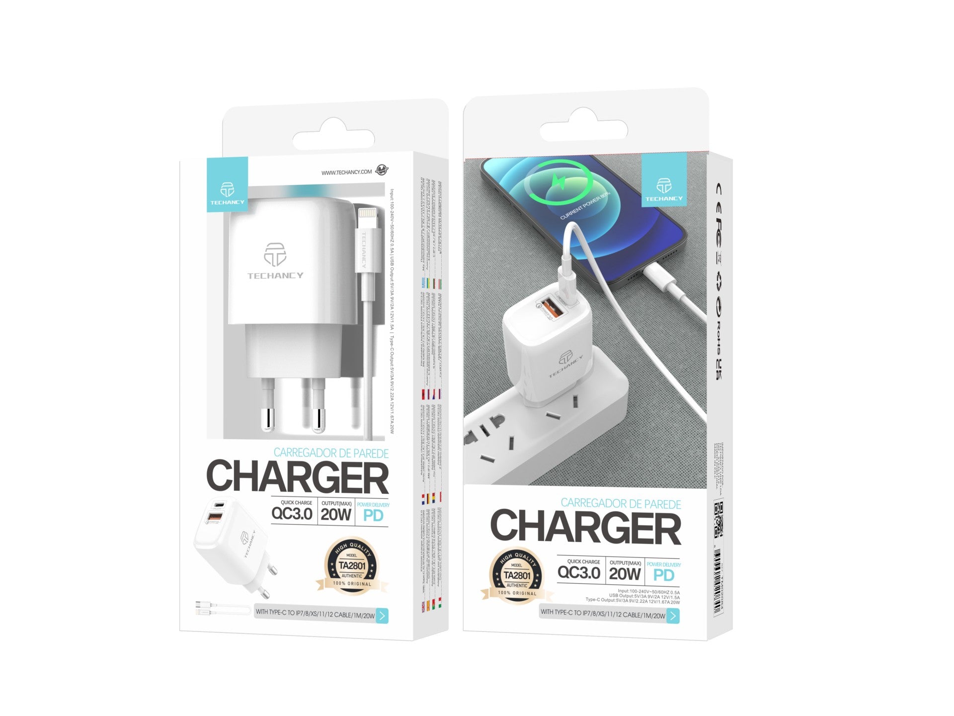 Techancy Carregador Branco De 20 W TA2801, Compatível Com Pd E Qc3.0 Com Cabo Usb-C Branco De 1 M Para Lightning