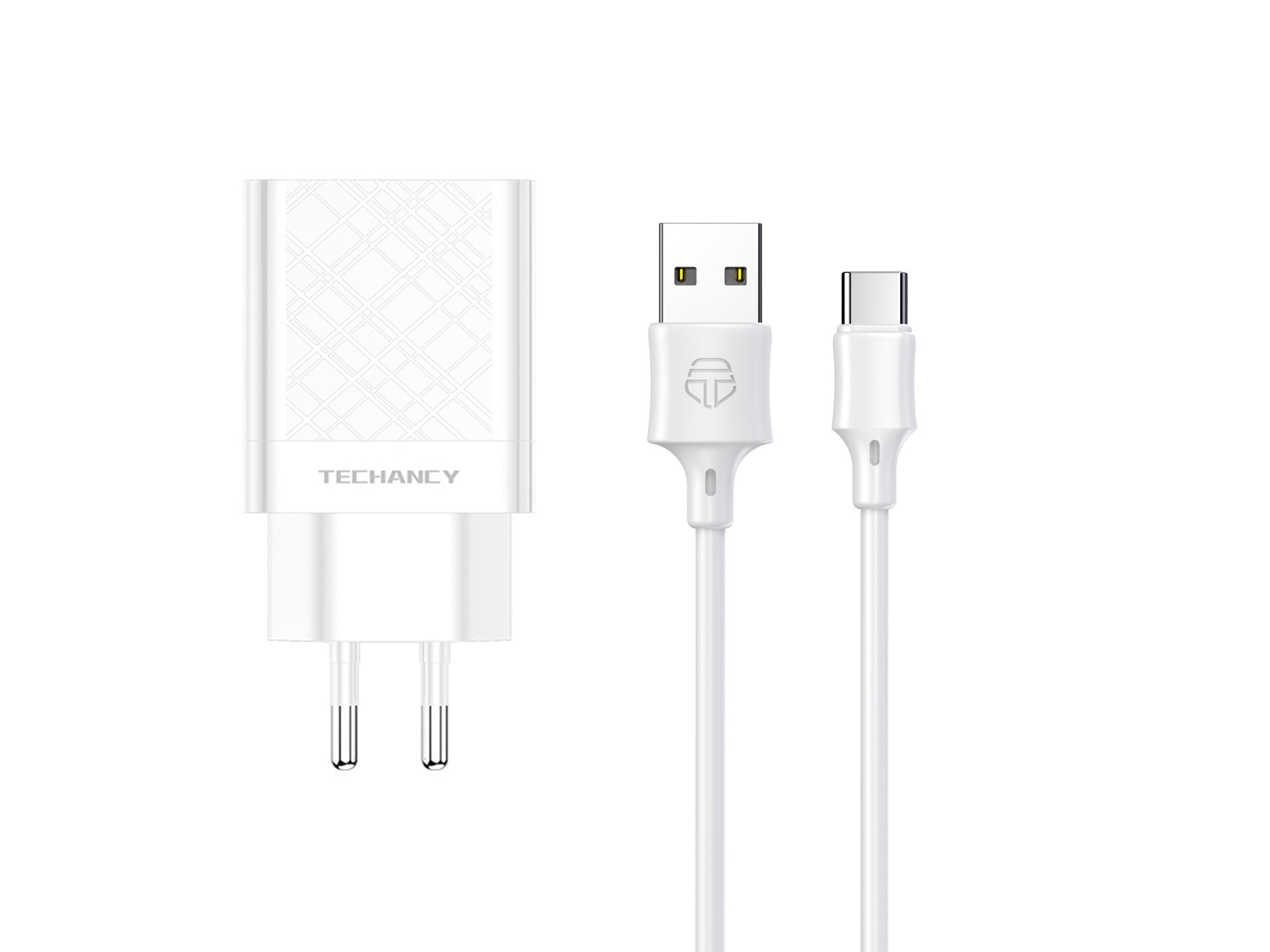 Cargador USB blanco Techancy 2,4 A TA2761, kit de cable USB TIPO C, 1 m 2,4 A, chip inteligente incorporado.