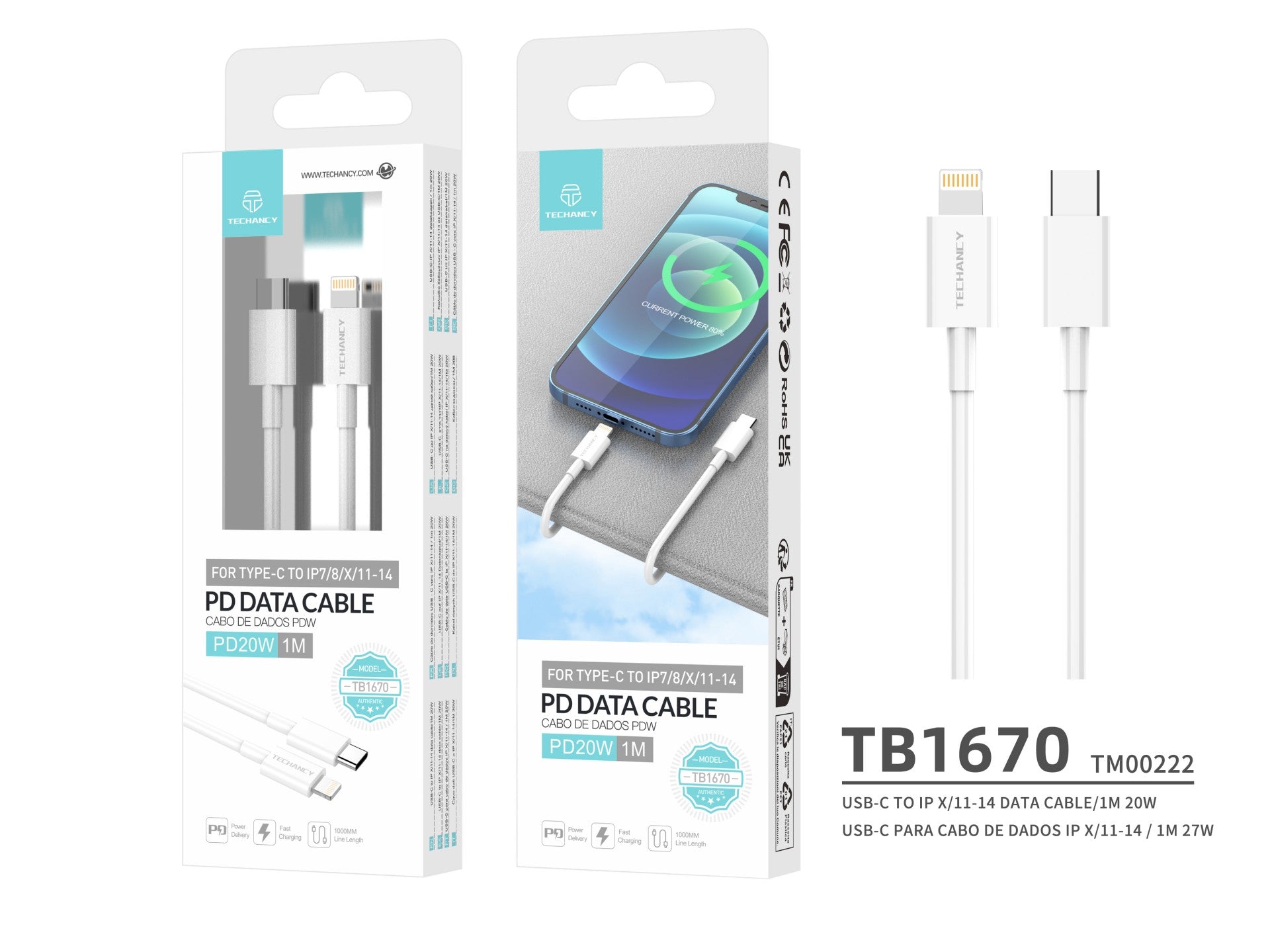 Techancy USB-C to Lightning Data Cable TB1670, 20W Fast Charging, 1 Meter, White, Compatible with iPhone and iPad