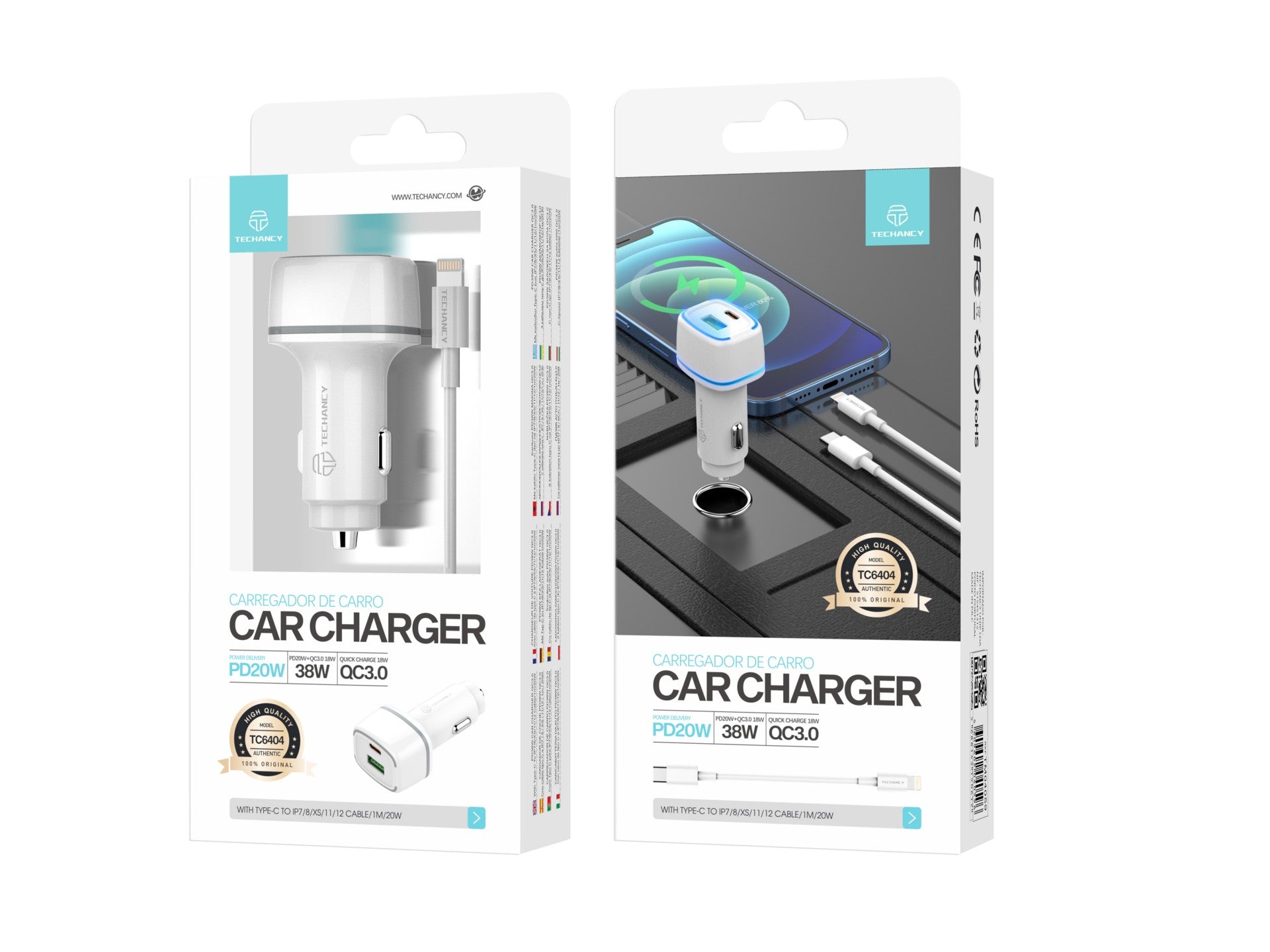 Techancy Carregador De Automóvel 38w TC6404, Carregamento Rápido Pd3.0+Qc3.0, Conjunto De Cabos Usb C-Lightning,