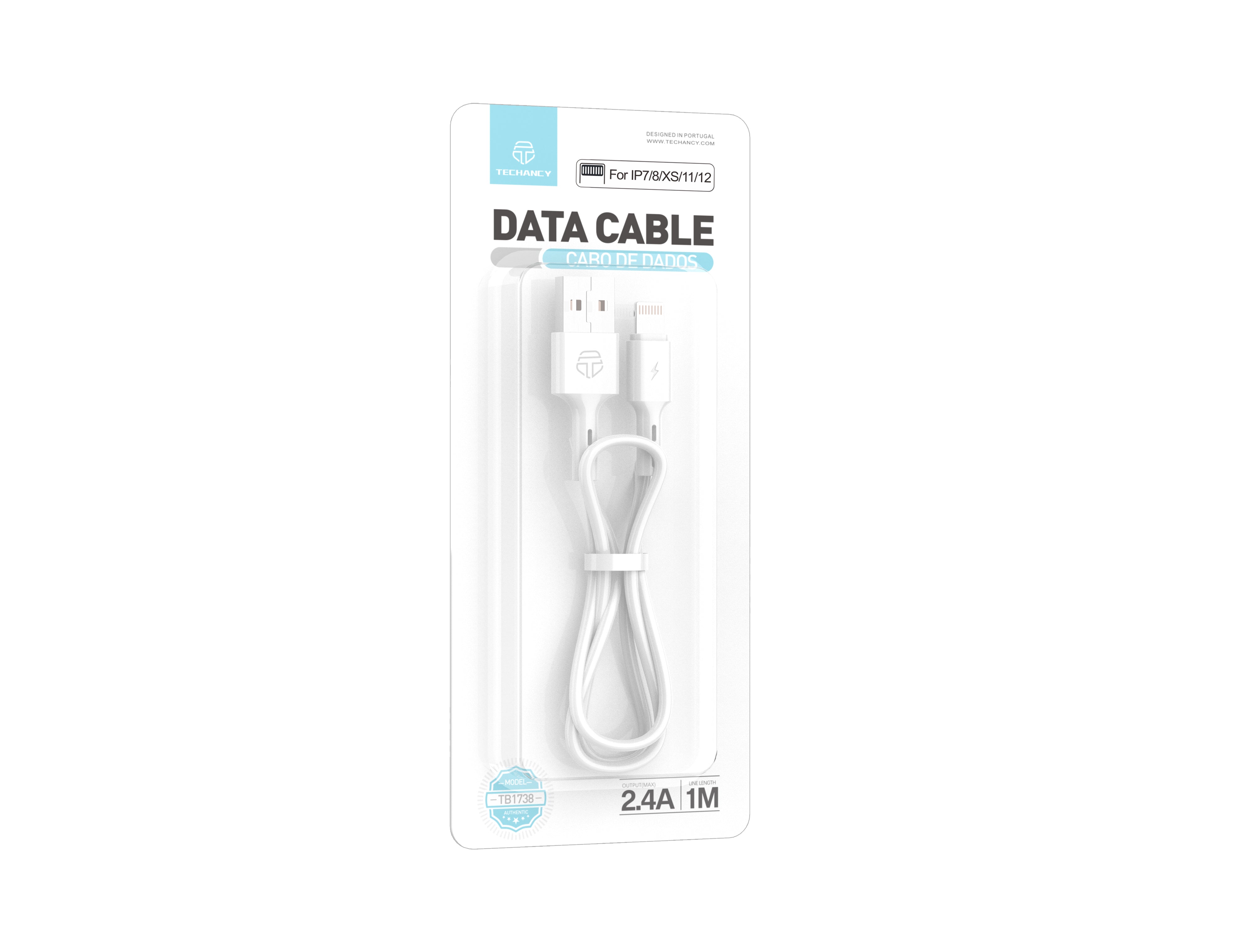 Techancy USB Data Cable - IP7/8/X/11-14, TB1738 1M 2.4A Fast Charging, Data Transfer, White